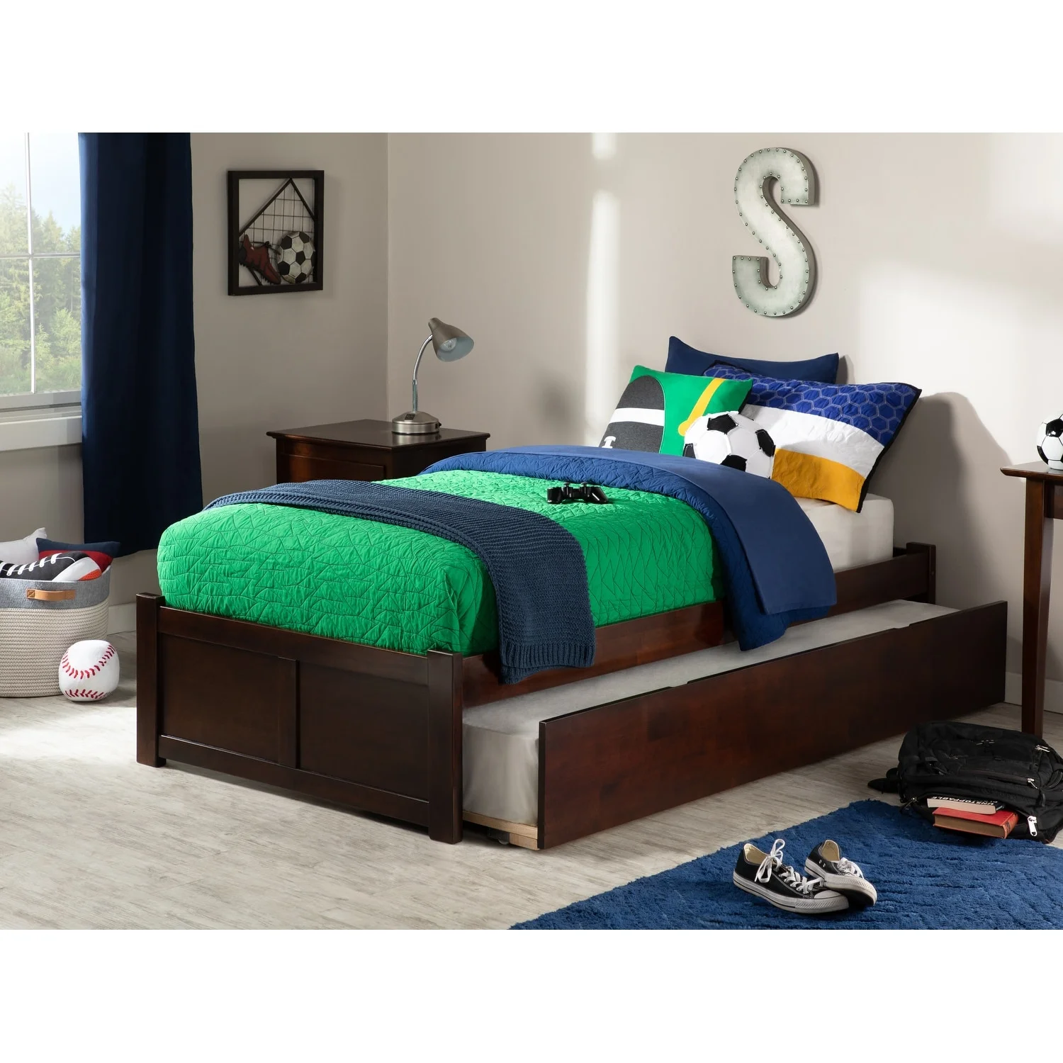 AFI Concord Twin Platform Bed with Footboard and Twin Trundle in Walnut
