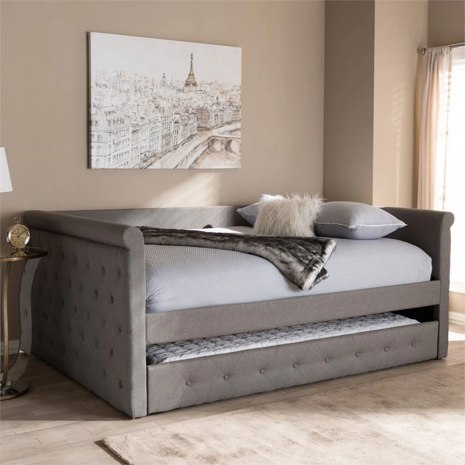 Pemberly Row Tufted Queen Daybed with Trundle in Gray