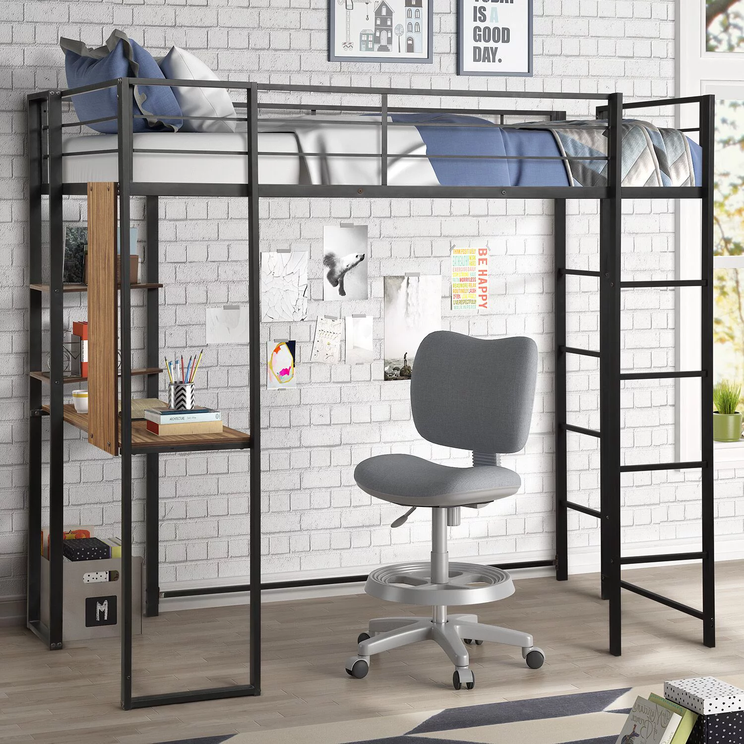 Modern Metal Pipe Twin Size Loft Bed with 2 Shelves and one Desk Kids Bunk Bed Bedroom Storage Guard Rail Ladder