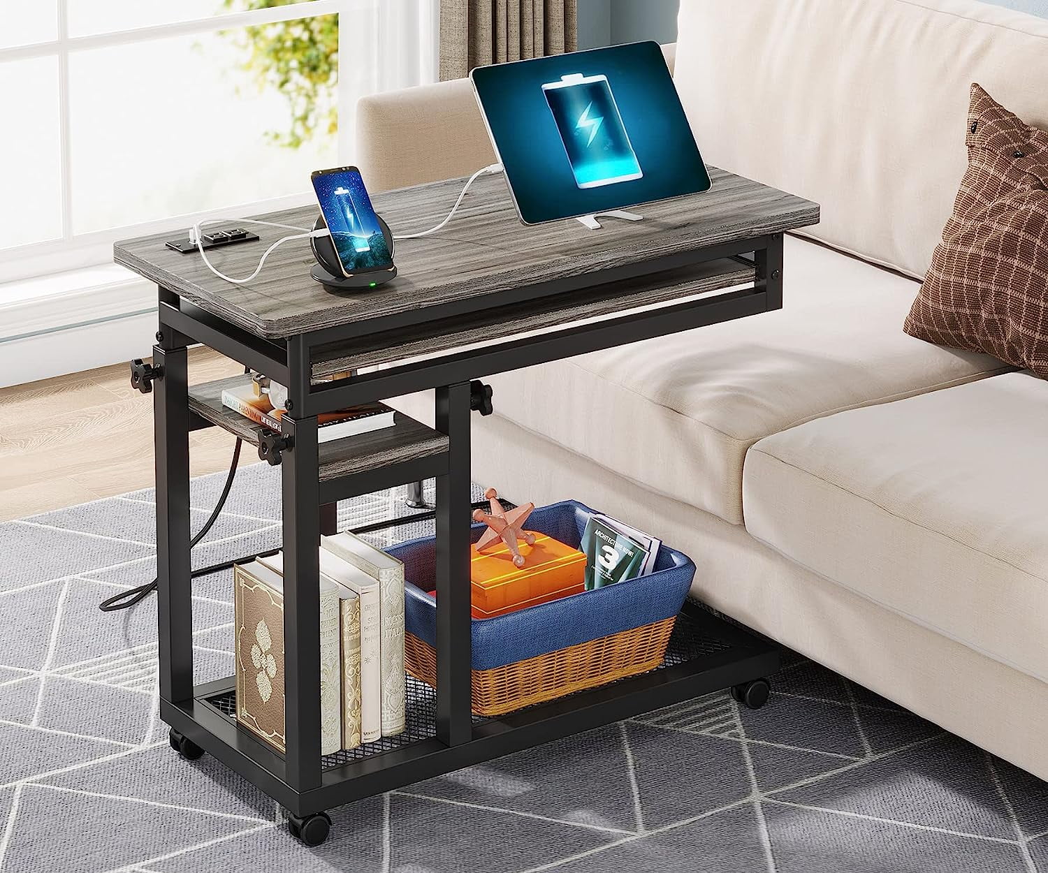 Tribesigns Small Portable Desk with Power Outlet, Height Adjustable Sofa Couch Bedside Laptop Table Grey