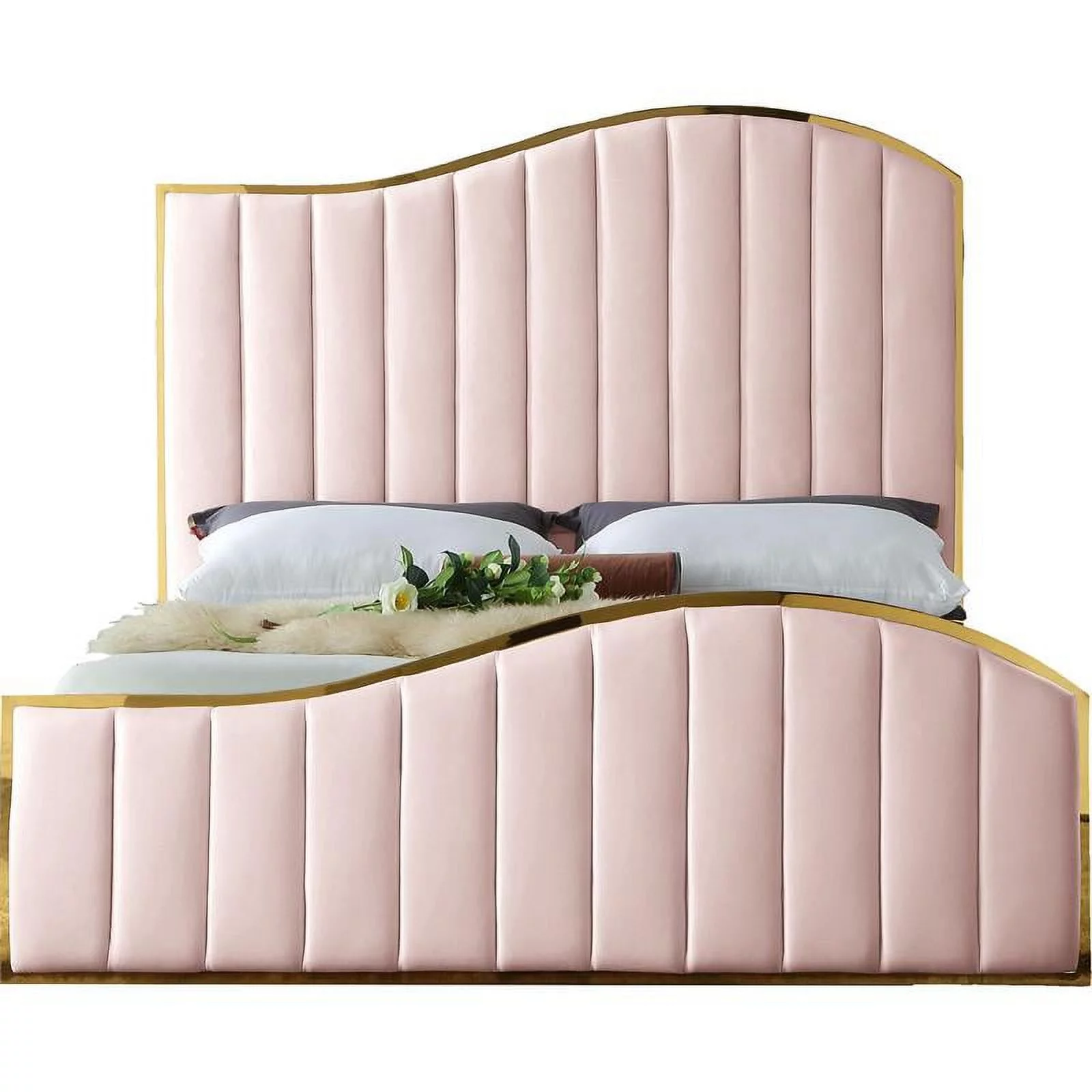 Meridian Furniture Jolie Solid Wood and Velvet King Bed in Pink