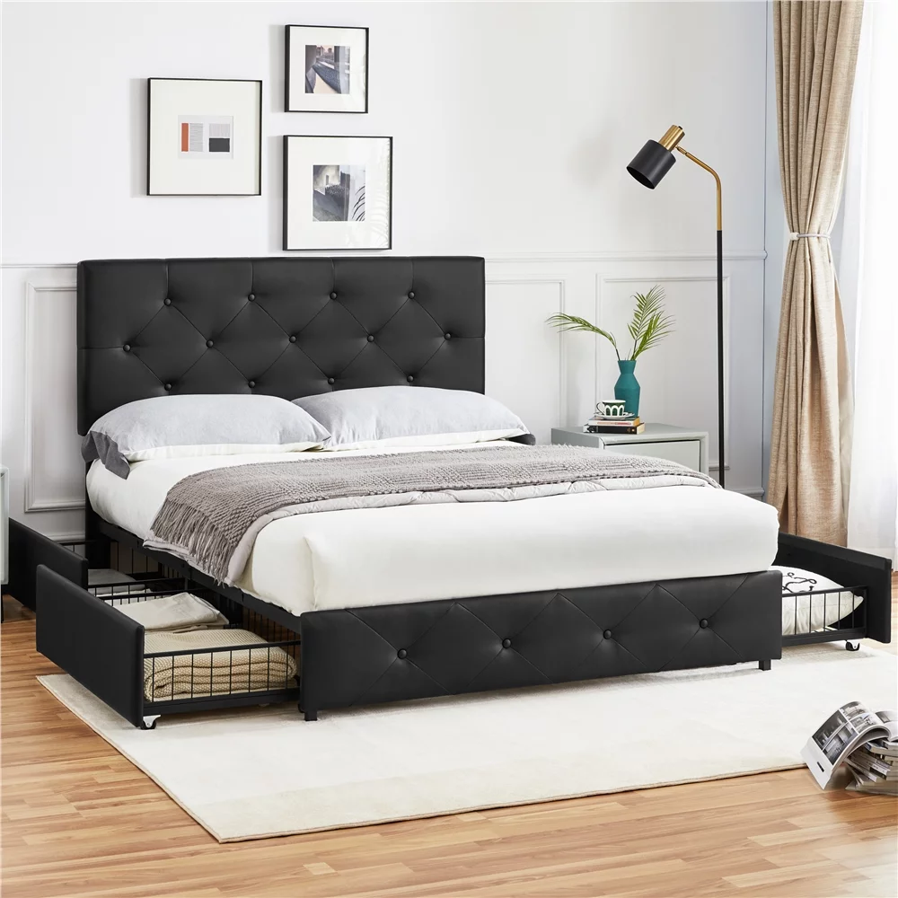 Yaheetech Upholstered Platform Bed Frame with Storage, Full Size, Black