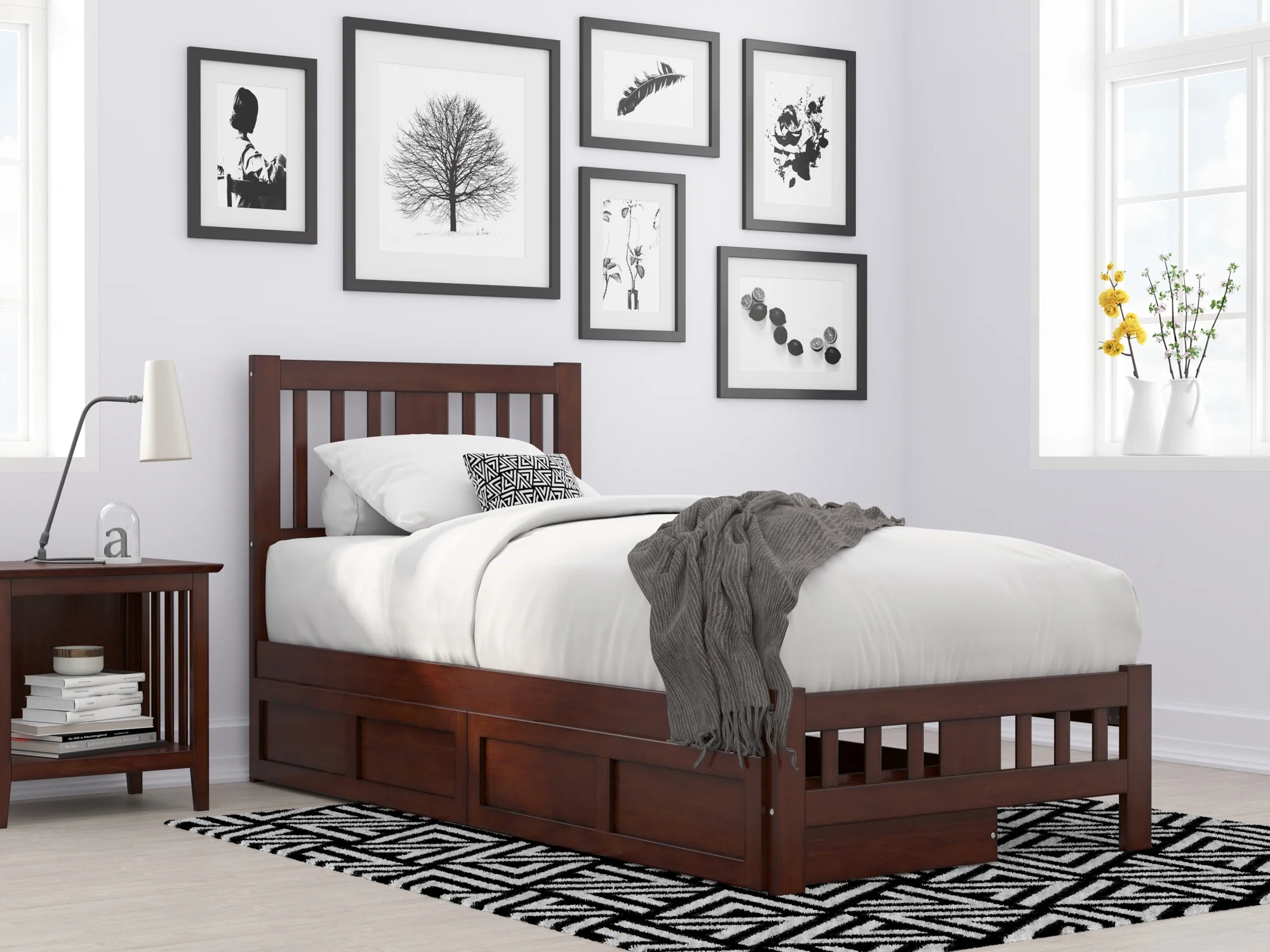 AFI Tahoe Twin XL Wood Platform Bed with Headboard Footboard & 2 Storage Drawers, Walnut