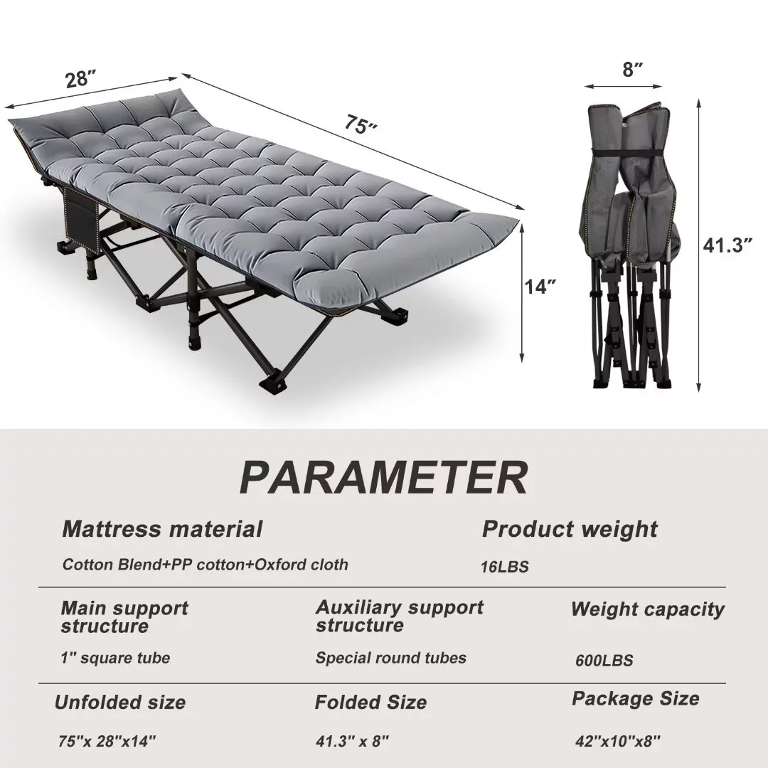 Docred Adults Folding Camping Cot Double Layer Oxford Strong Heavy Duty Wide Sleeping Cots with Grey Mattress