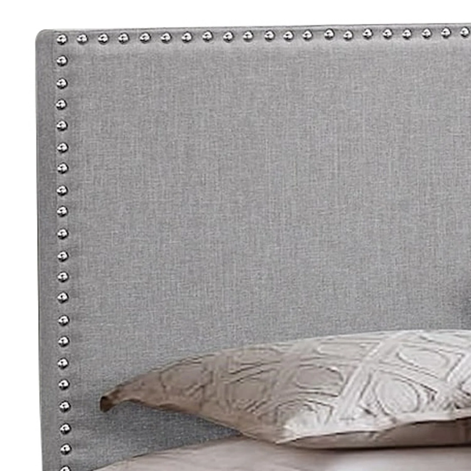 Benjara Shirin King Size Bed, Wood, Nailhead Trim, Upholstered Headboard, Gray