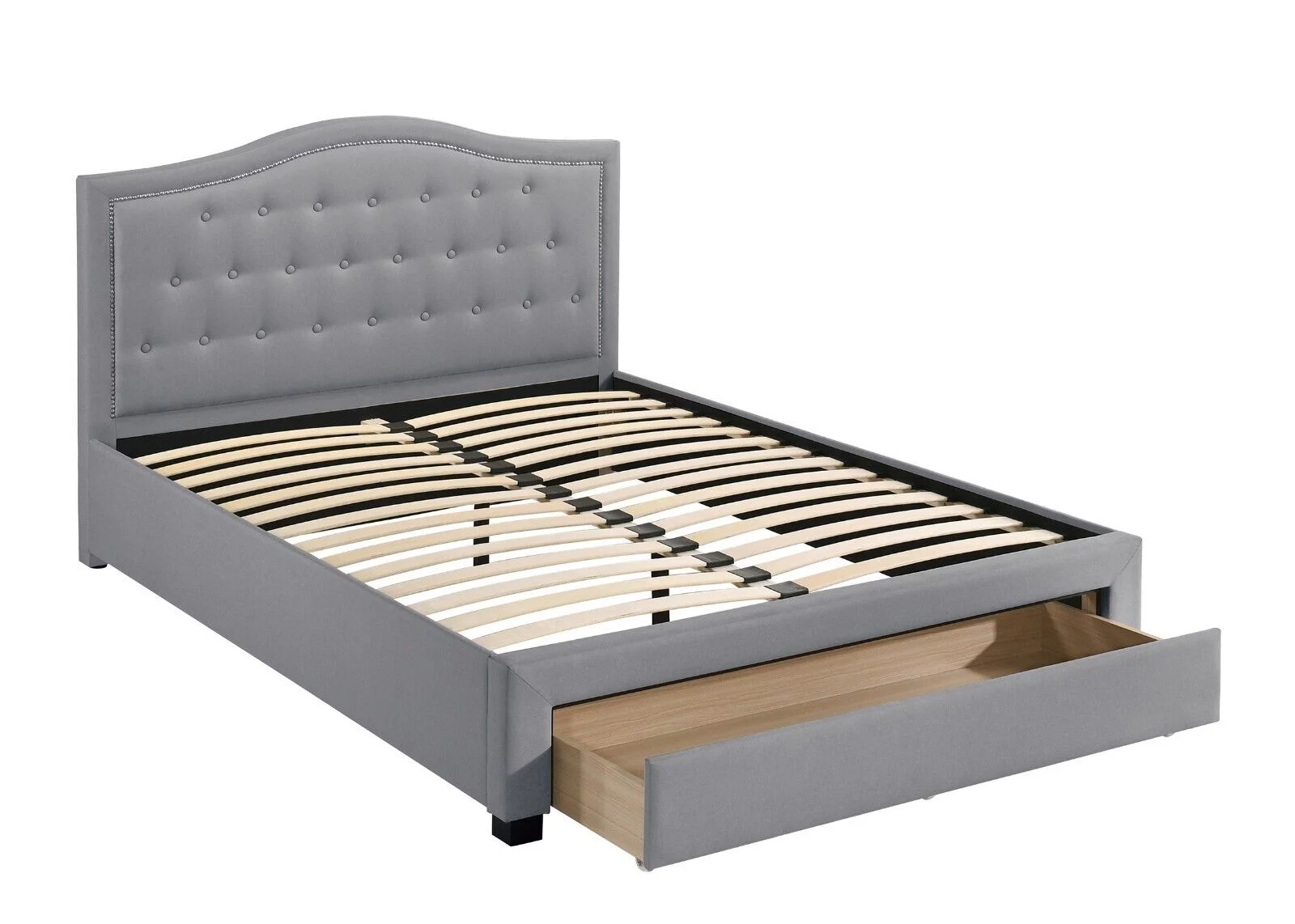 Light Gray Burlap Fabric Tufted Headboard Storage Footboard Full Size Bed 1pc Bedroom Furniture Particle Board