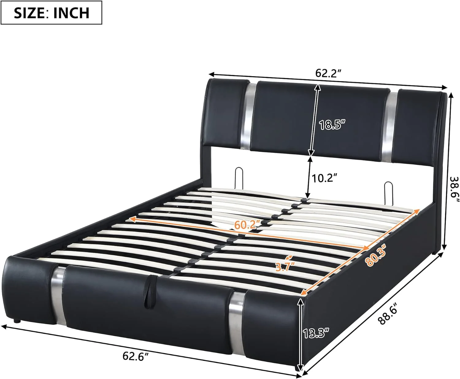 Quee Size Upholstered Bed Frame With Liftig Storage Moder Faux Leather Platform Bed With Iro Metal Decor Ad Padded Headboard, Woode Slat Support Ad Uder Bed Storage, Black