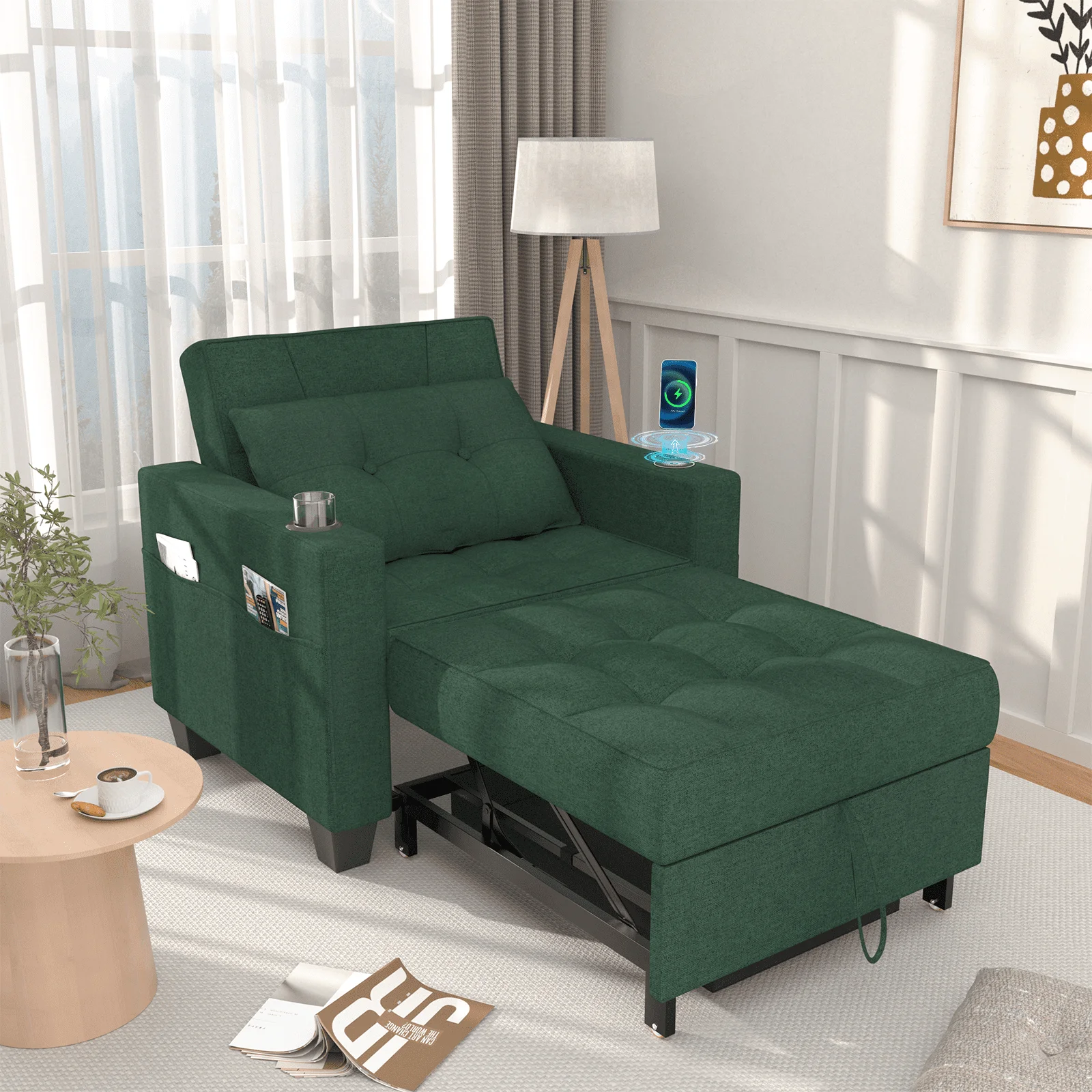 Belord 3-in-1 Sleeper Chair Bed, Pull Out Sofa Chair, Futon Couch Chair with Wireless Charging Base, USB & Type-C Ports, Convertible Sleeper Sofa Bed for Living Room, Green