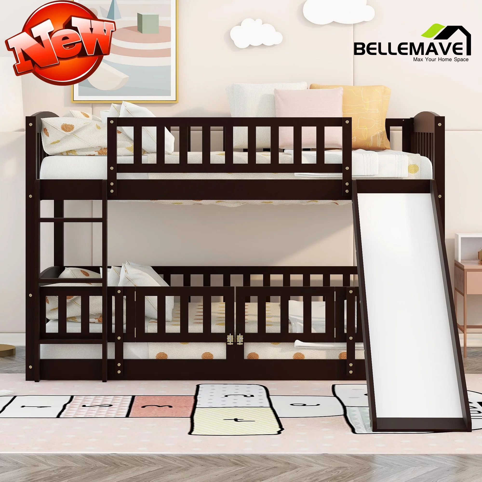 BELLEMAVE Kids Bunk Bed Twin over Twin/Toddler Bunk Beds, Twin Bunk Bed with Slide, Ldder, Door Openable Fence, Low Bunk Bed for Toddler, Kids(Espresso)