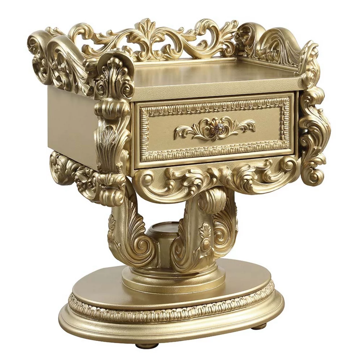 Altair 36 Inch Luxury Nightstand 1 Drawer Scrolled Motifs Gold Finish- Saltoro Sherpi