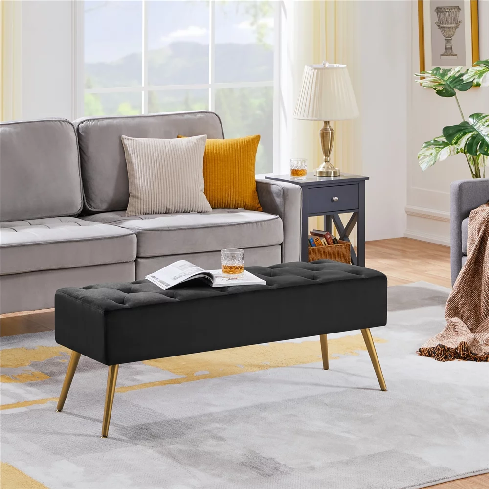 SmileMart Modern Upholstered Velvet Footstool Bench for Bedroom, Black