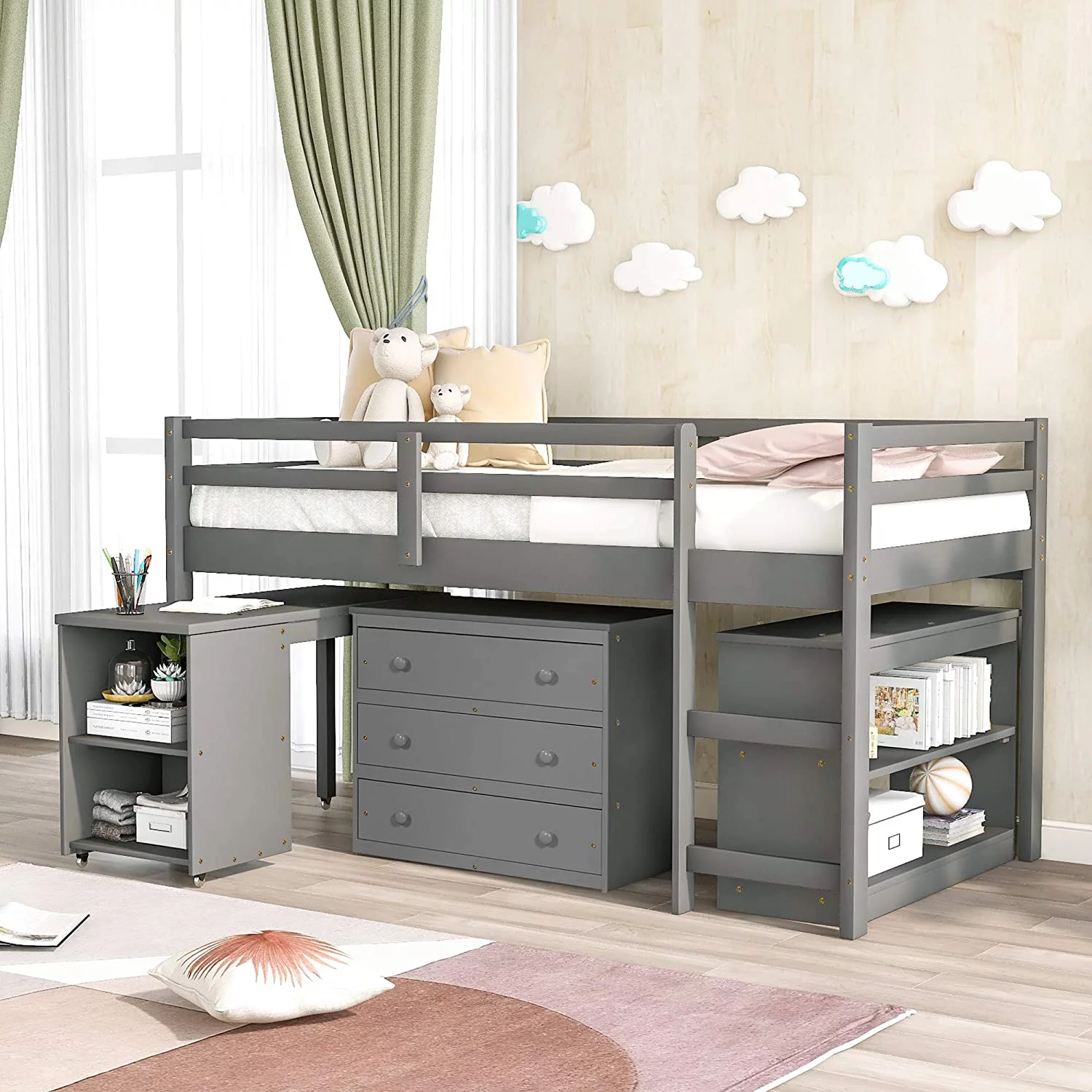 Churanty Twin Loft Bed Low Study Twin Size Bed with Cabinet and Rolling Portable Desk (Grey)