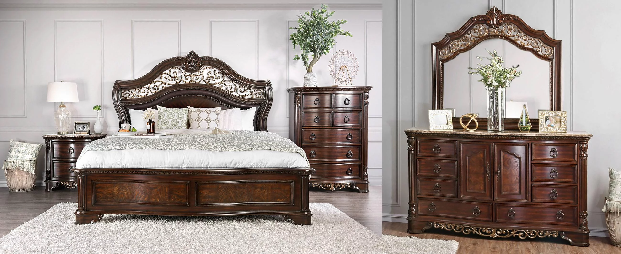 Transitional Brown Cherry Solid Wood Queen Bedroom Set 6pcs FOA CM7311 Menodora