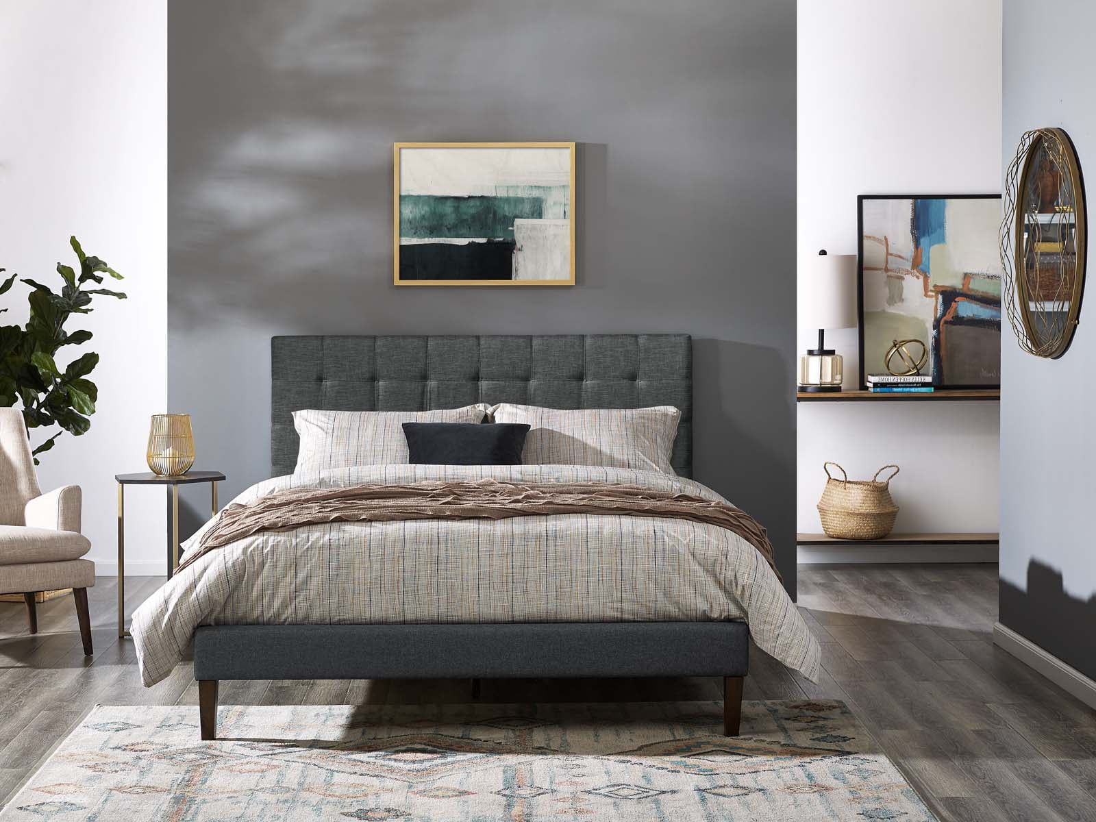 Contemporary Modern Urban Designer Bedroom Twin Size Tufted Headboard, Fabric, Grey Gray