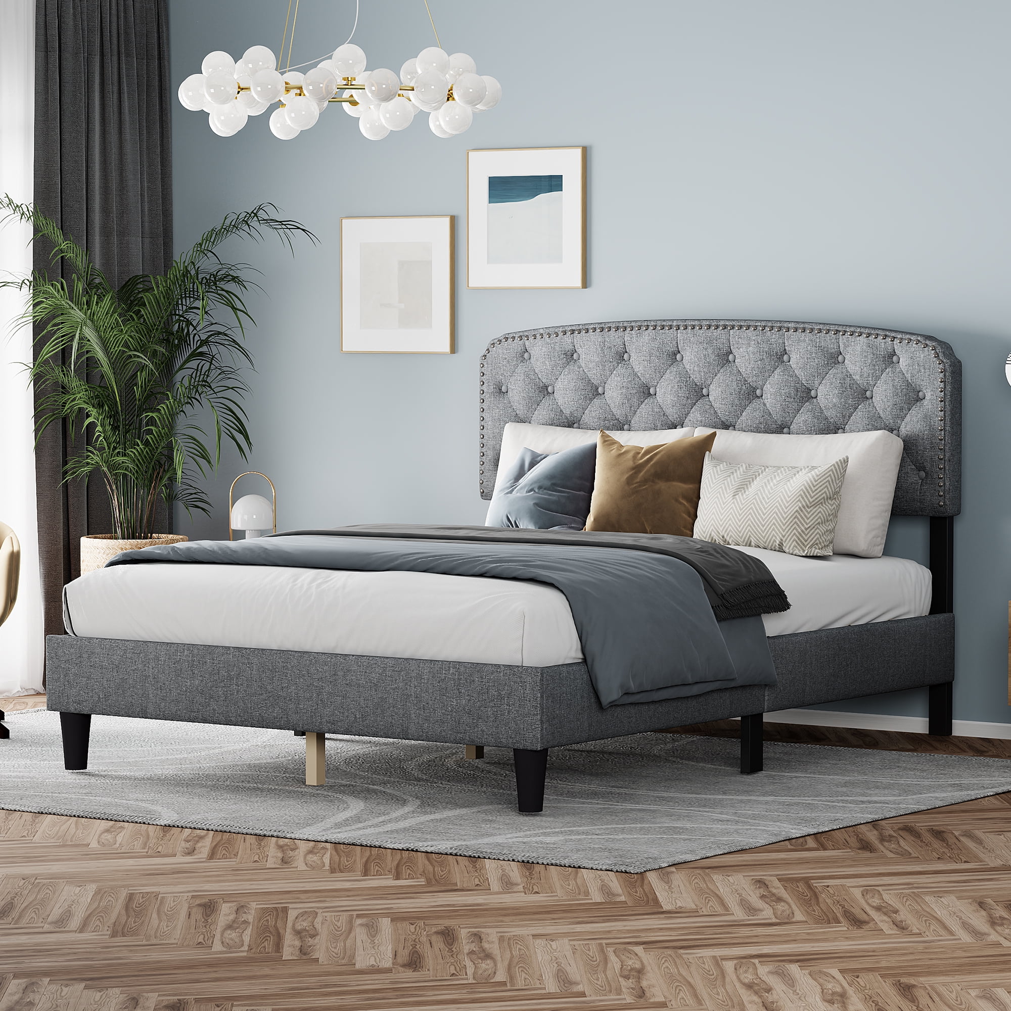 Queen size Adjustable Headboard with Fine Linen Upholstery and Button Tufting for Bedroom, Wave Top LIGHT GREY