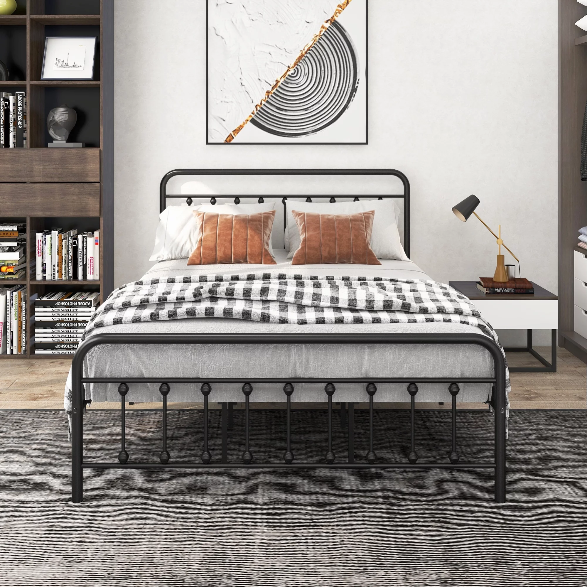 Metal Bed Frame Queen Size Platform No Box Spring Needed with Vintage Headboard and Footboard /Premium Steel Slat Support/Black