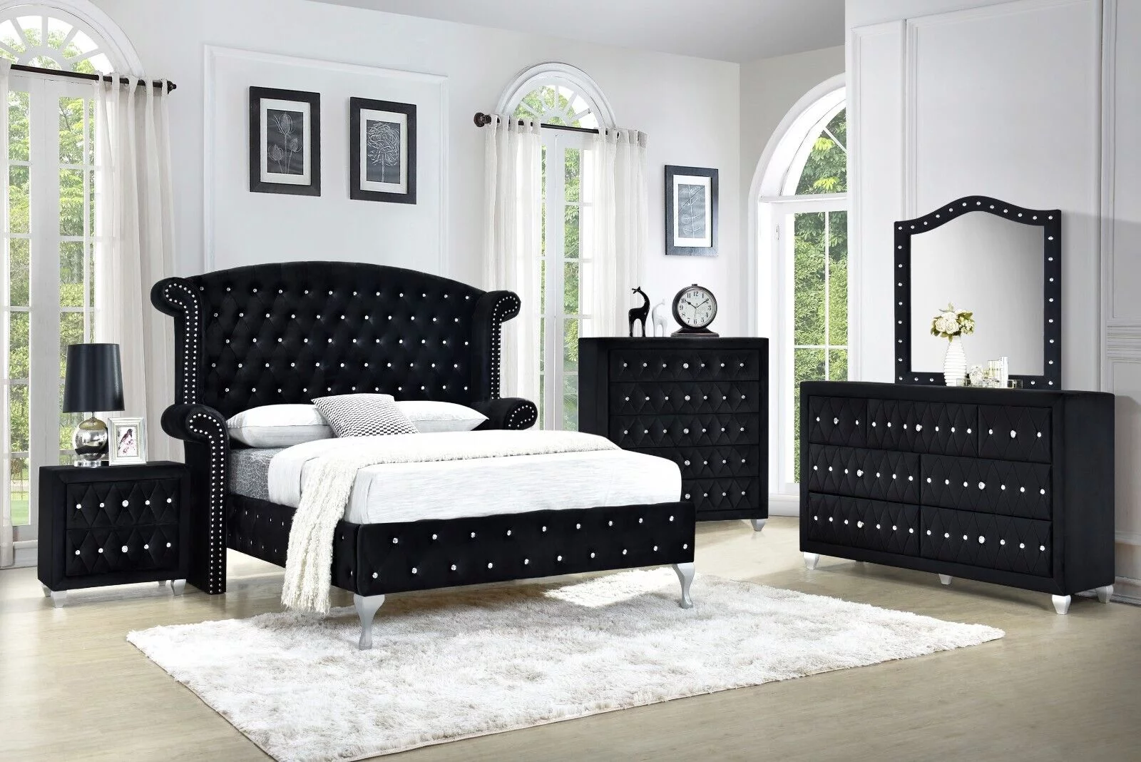 Modern 6Pc King Size Bed Dresser Mirror Nightstand Chest Set Master Bedroom Furniture Black Velvet