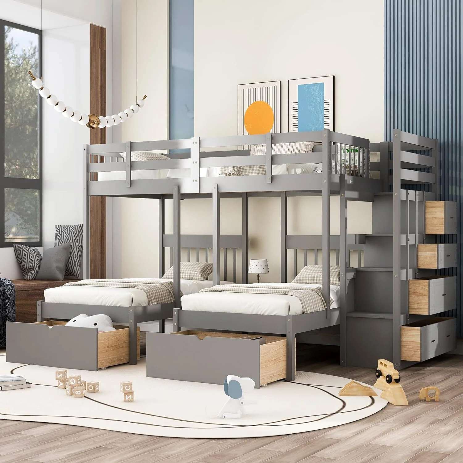 Triple Buk Bed With Stairs Ad Storage, Full Over & Buk Bed For 3, Woode Buk Bed With Drawers For Kids Tees Adults - Gray