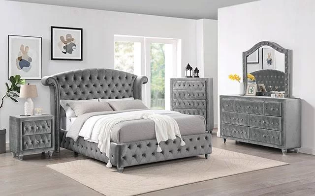 Transitional Gray Solid Wood Queen Bedroom Set 3pcs FOA CM7130GY Zohar