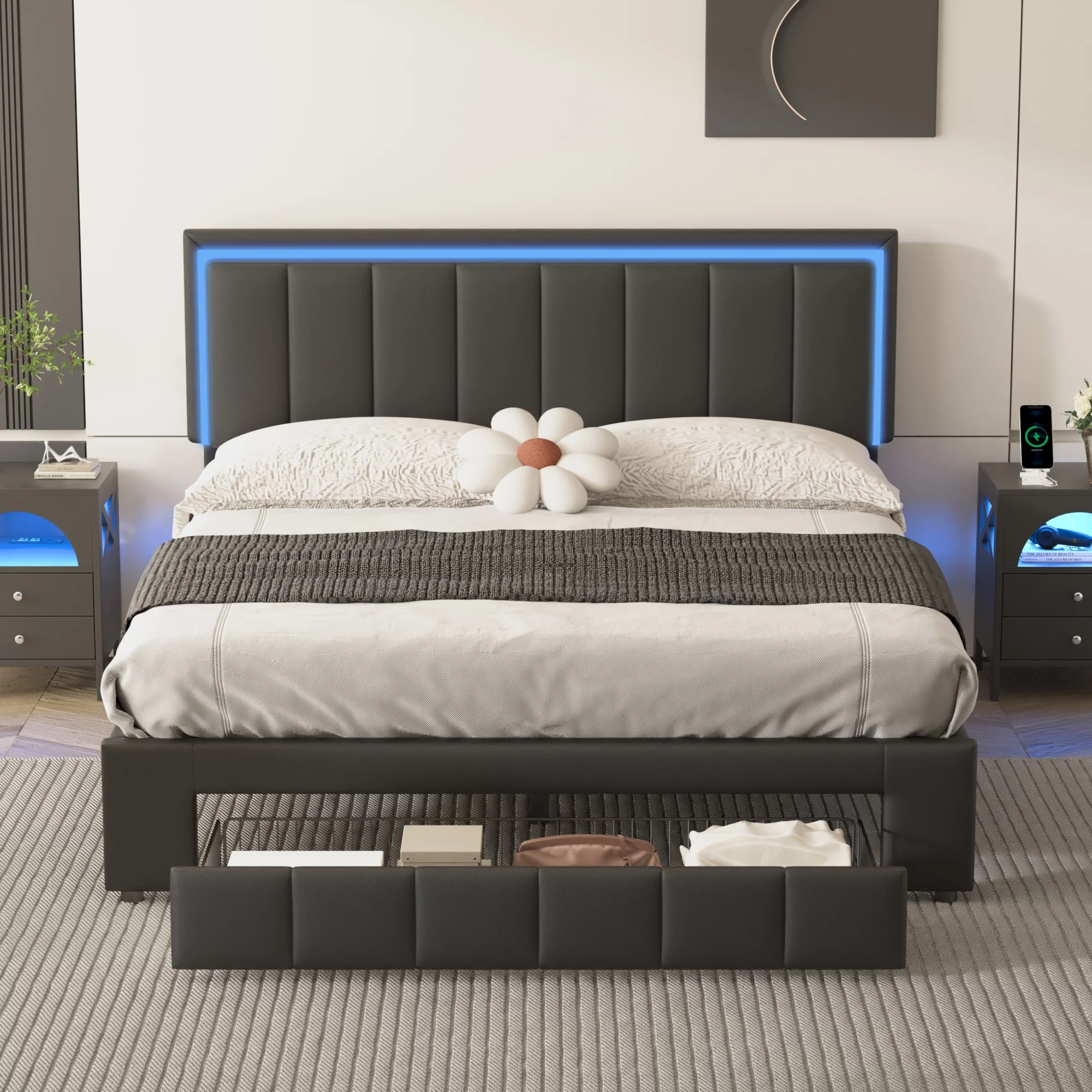 CoSoTower Upholstered Platform Bed with LED Lights and Two Motion Activated Night Lights,Queen Size Storage Bed with Drawer, Black