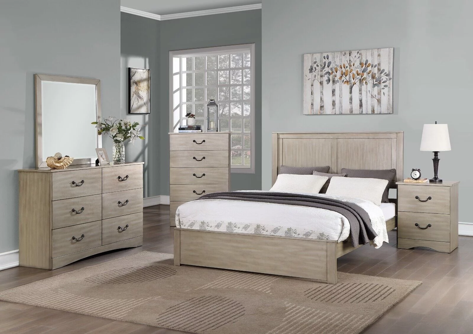 Bedroom Queen Size Bed 6pc Set Dresser Mirror Nightstands Chest Light Tan Hue Finish Panel Headboard Gorgeous Bed
