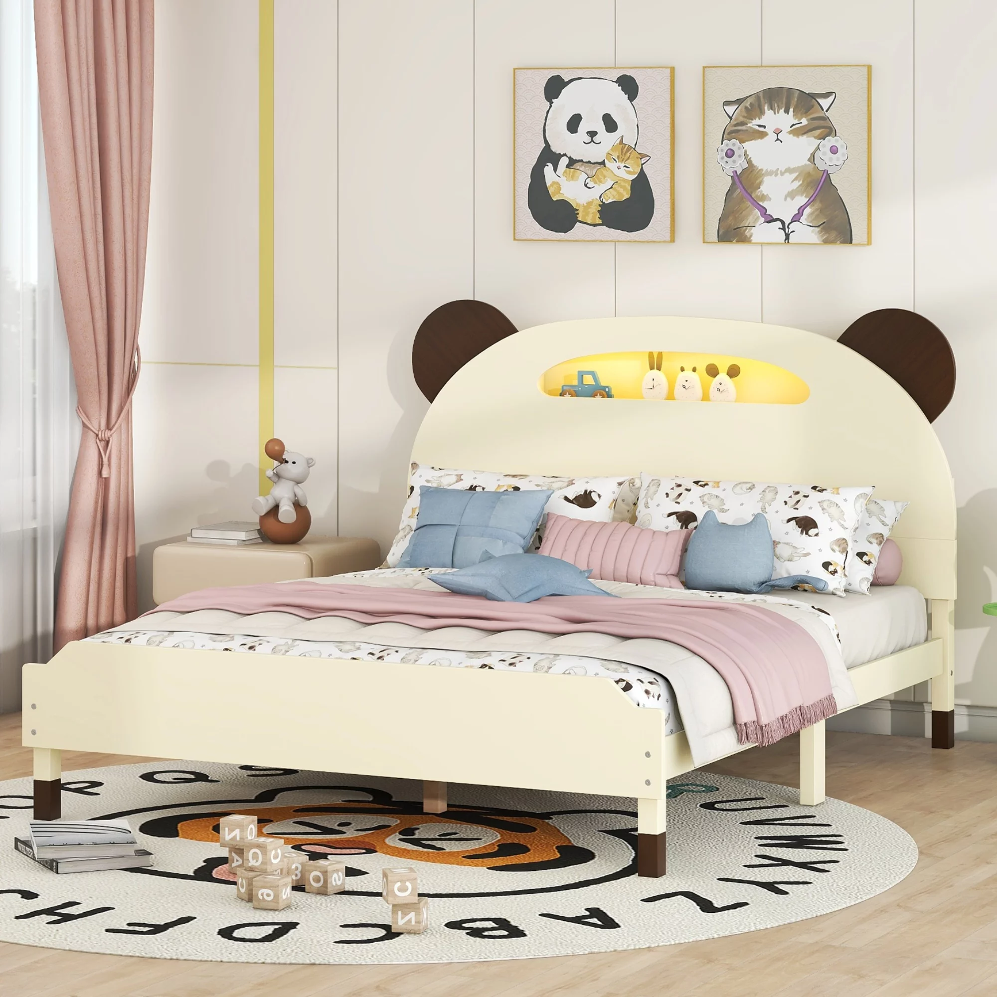 Paproos Full Bed Frame, Cute Wood Platform Bed with Night Lights, Bear-shaped Headboard and Footboard, Modern Full Size Bed Frame for Kids Girls Boys Teens, No Box Spring Needed, Cream