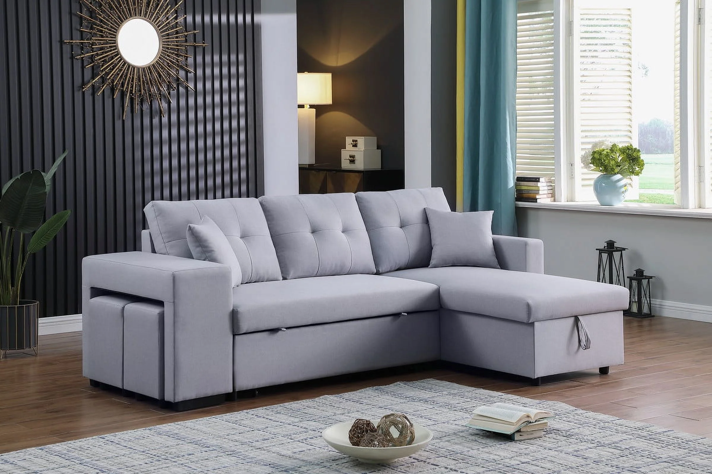 Dennis Light Gray Linen Fabric Reversible Sleeper Sectional Storage Chaise Stool
