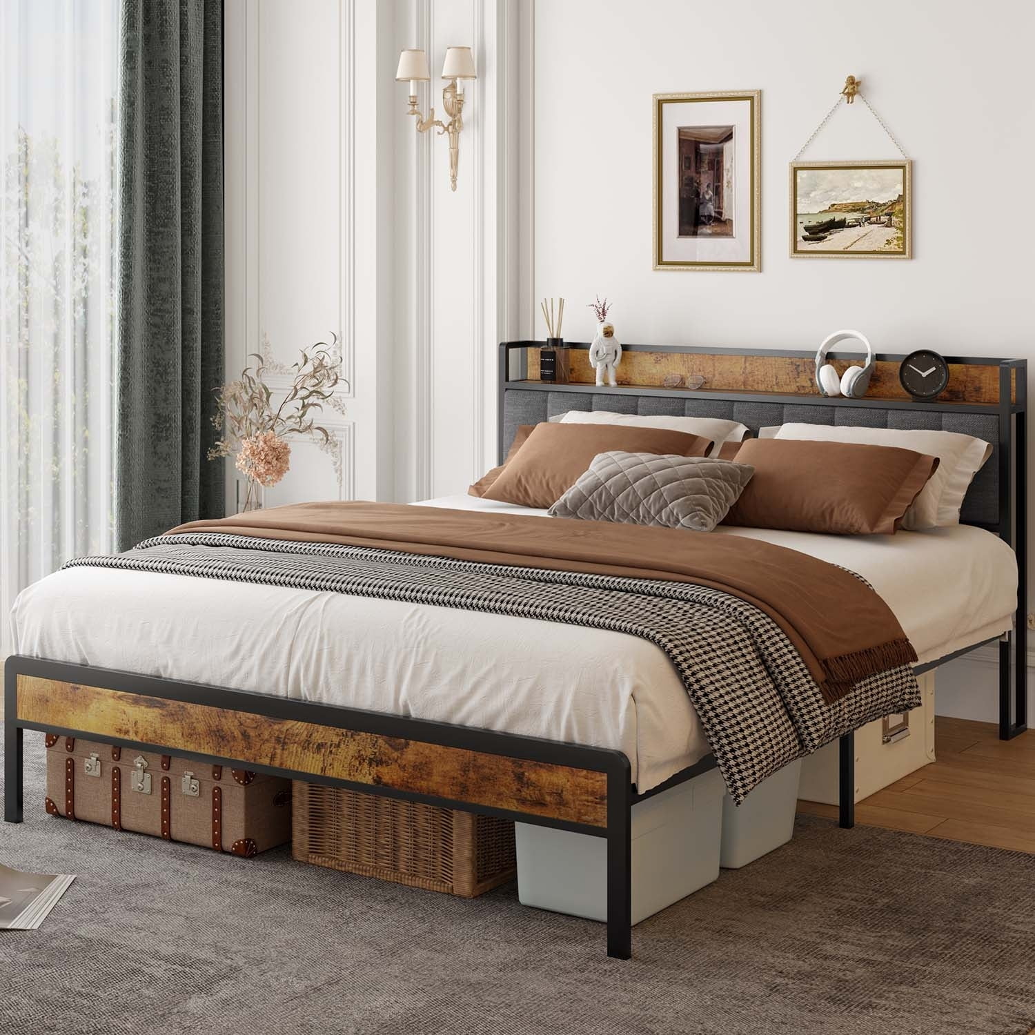 Gizoon Full/ Queen/ King Metal Platform Bed Frames with Upholstered Headboard Dark Grey - Queen