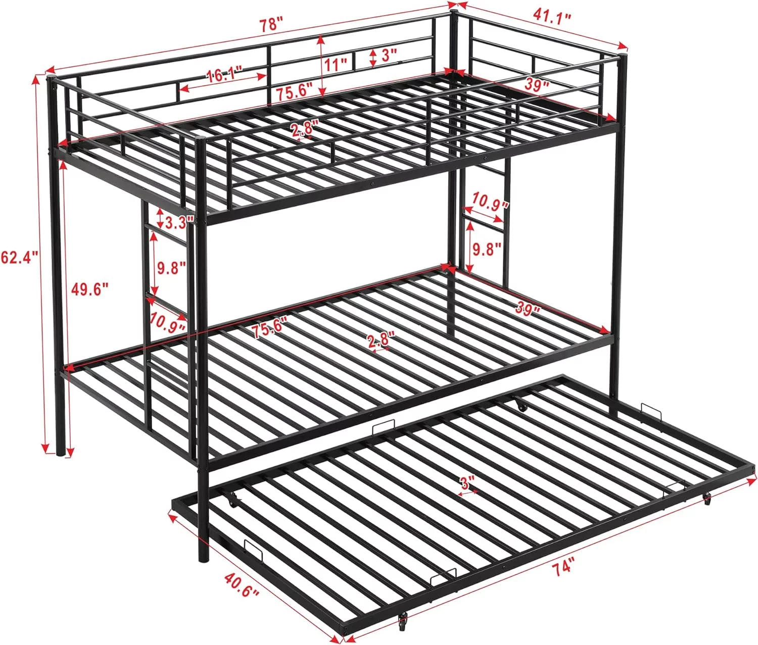 Over Metal Bunk Bed With Trundle, Made Of Heavy Duty Steel, For Kids Teens Adults - Black