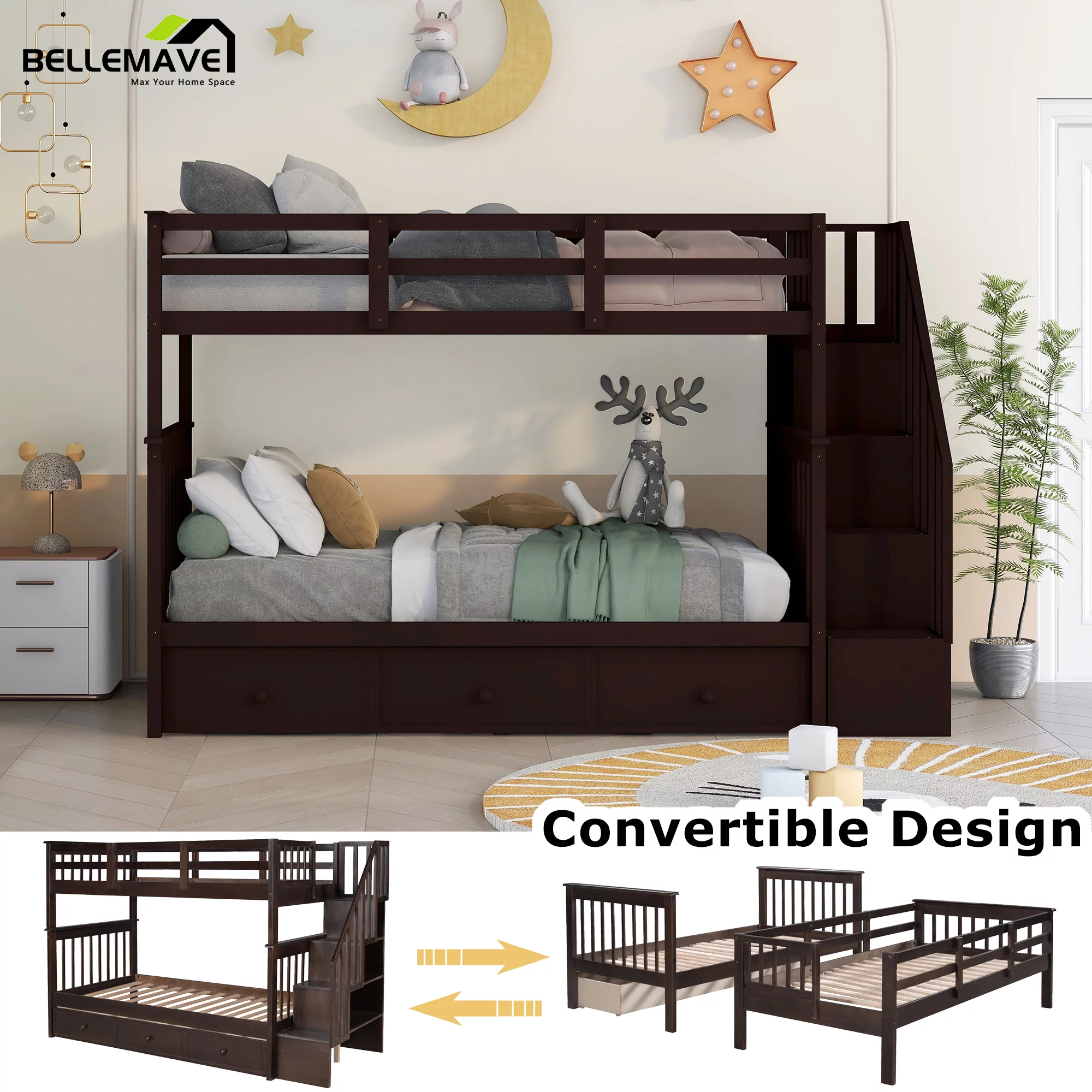 Bellemave Twin over Twin Bunk Bed with Stairs, Solid Wood Bunk Bed with Storage Drawers for Kids, Teens, Adults (Espresso)