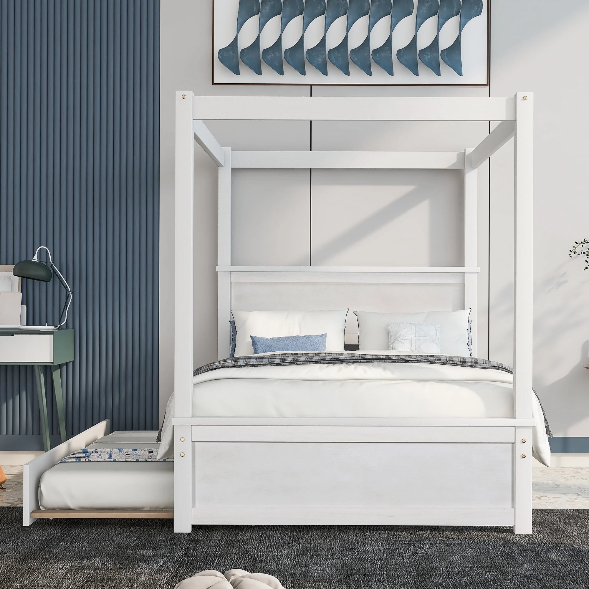 Gewnee Wood Canopy Bed ,Full Size Platform Bed Frame with Trundle and Headboard,White