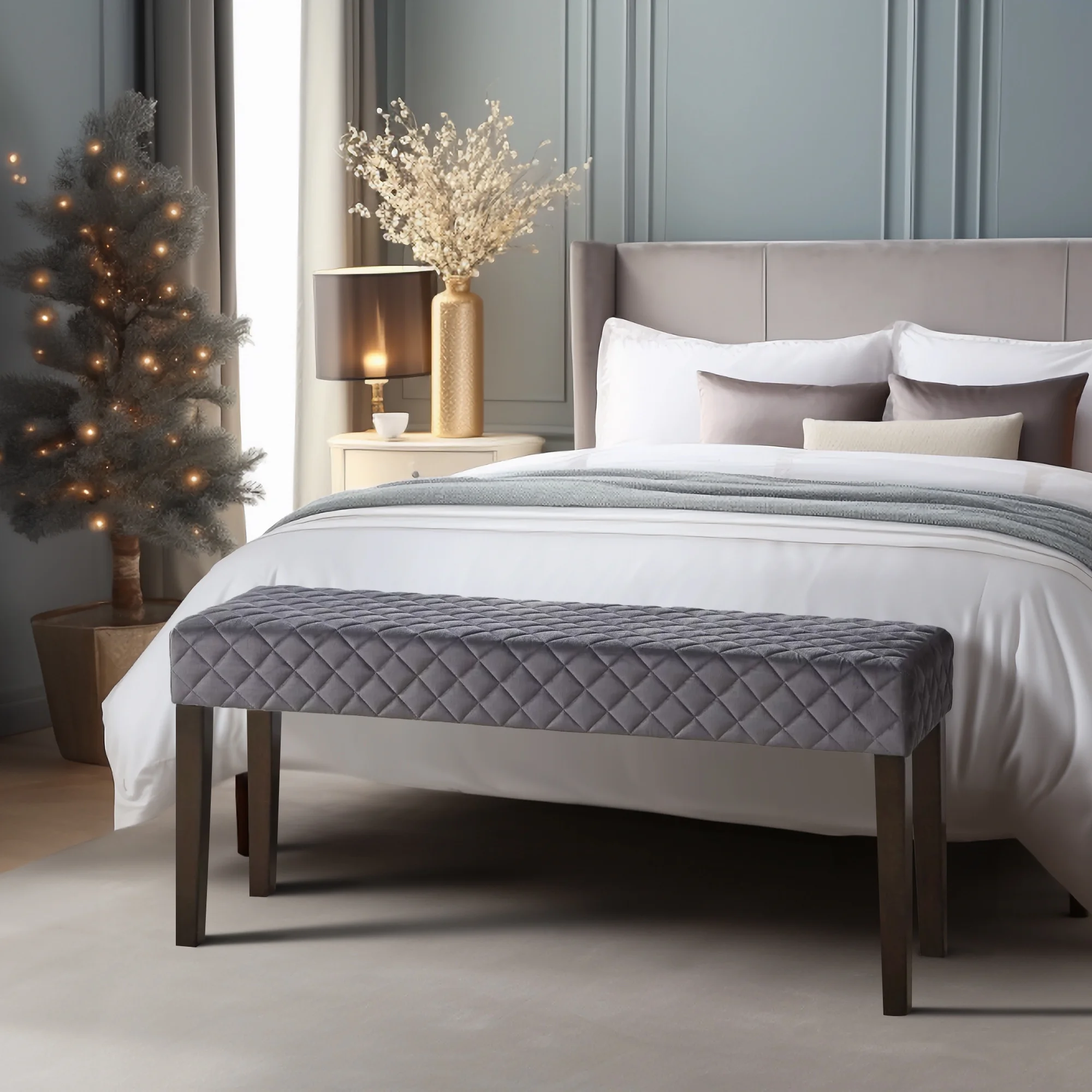 510 Design Diamond Quilted Moroccan Design Upholstered Accent Bedroom Bench with Wooden Legs