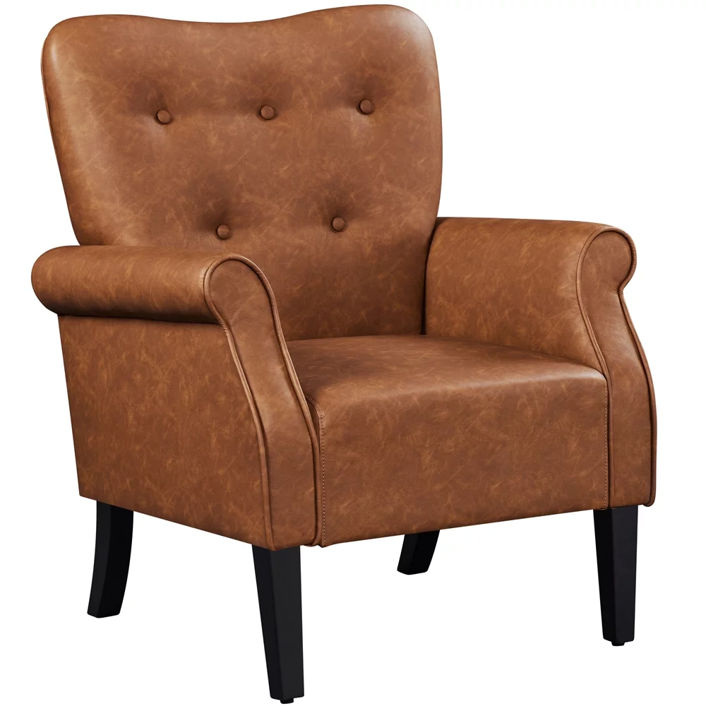 SmileMart Mid-century Faux Leather Accent Chair with Tufted High Back for Living Room, Retro Brown
