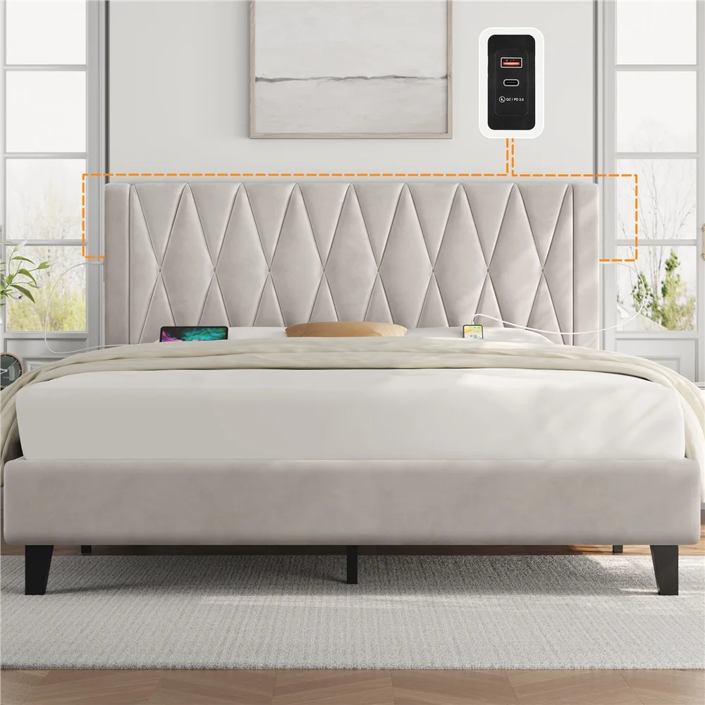 Smile Mart Queen Size Upholstered Bed with Tufted Headboard & Built-In USB Ports, Beige