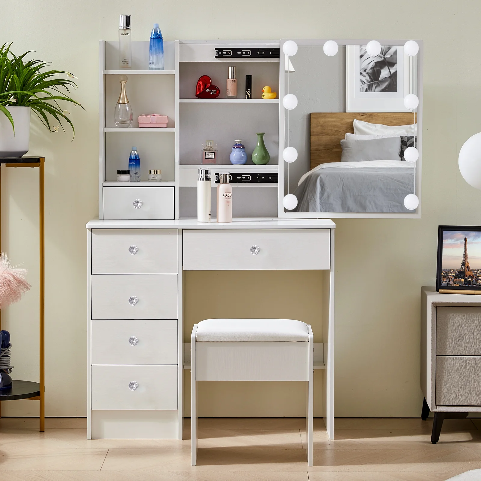 JBLCC Girls' Vanity with Lighted Mirror, White Vanity Desk Set with Stool for Bedroom, Modern Makeup Dressing Table with Storage Shelves and 5 Drawers