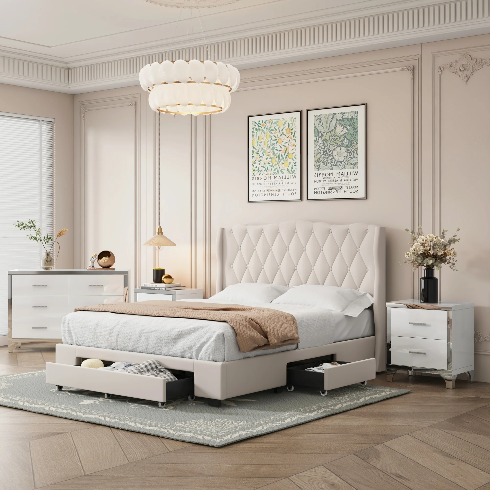 4-Pieces Bedroom Sets Queen Size Upholstered Bed with Three Drawers, High Gloss Mirrored Nightstands and Dresser with Metal handles and Legs, Beige