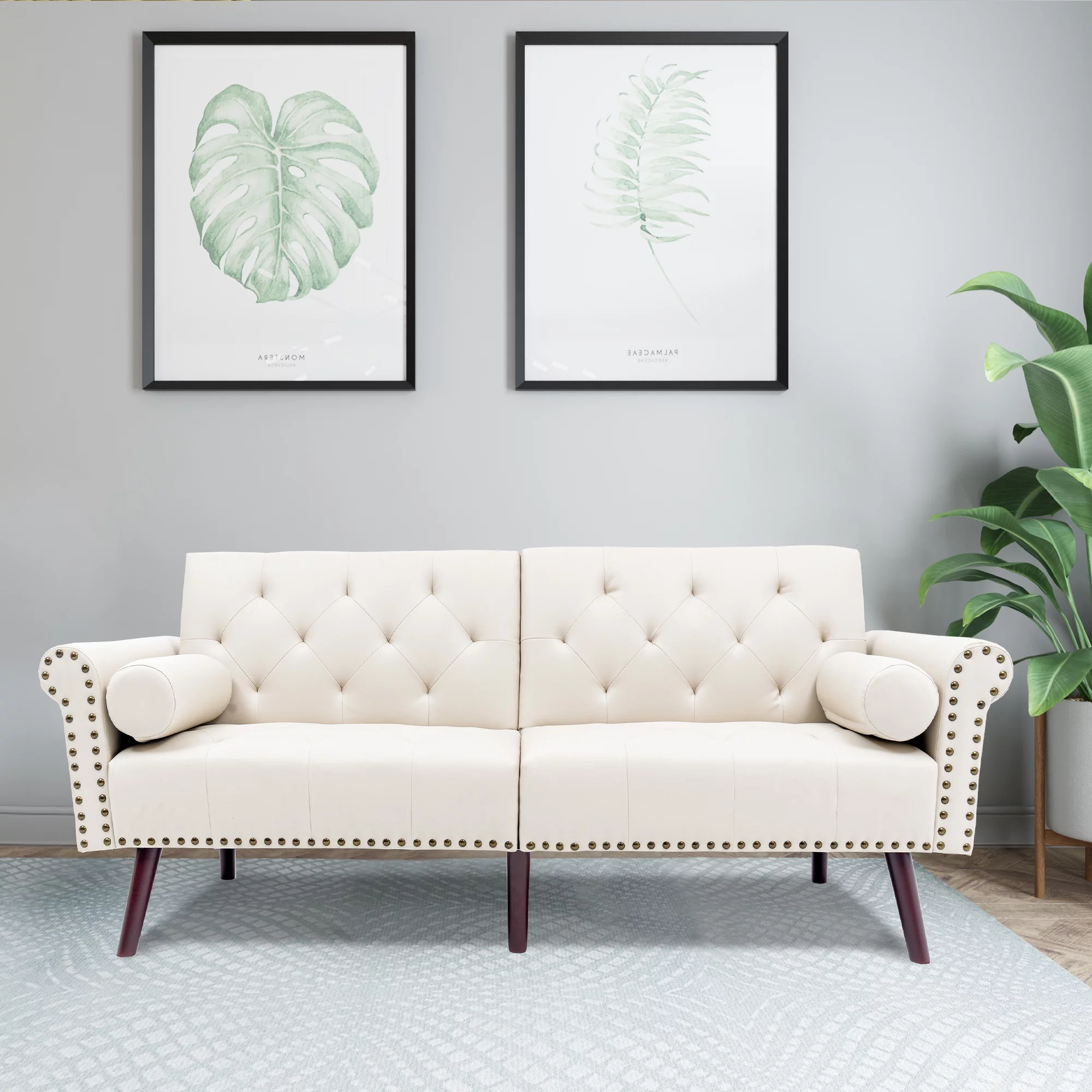 Loveseat Sofa Convertible Sofa Bed Sleeper PU leather Living Room Couches 2 Seating Chair with 2 Pillows White