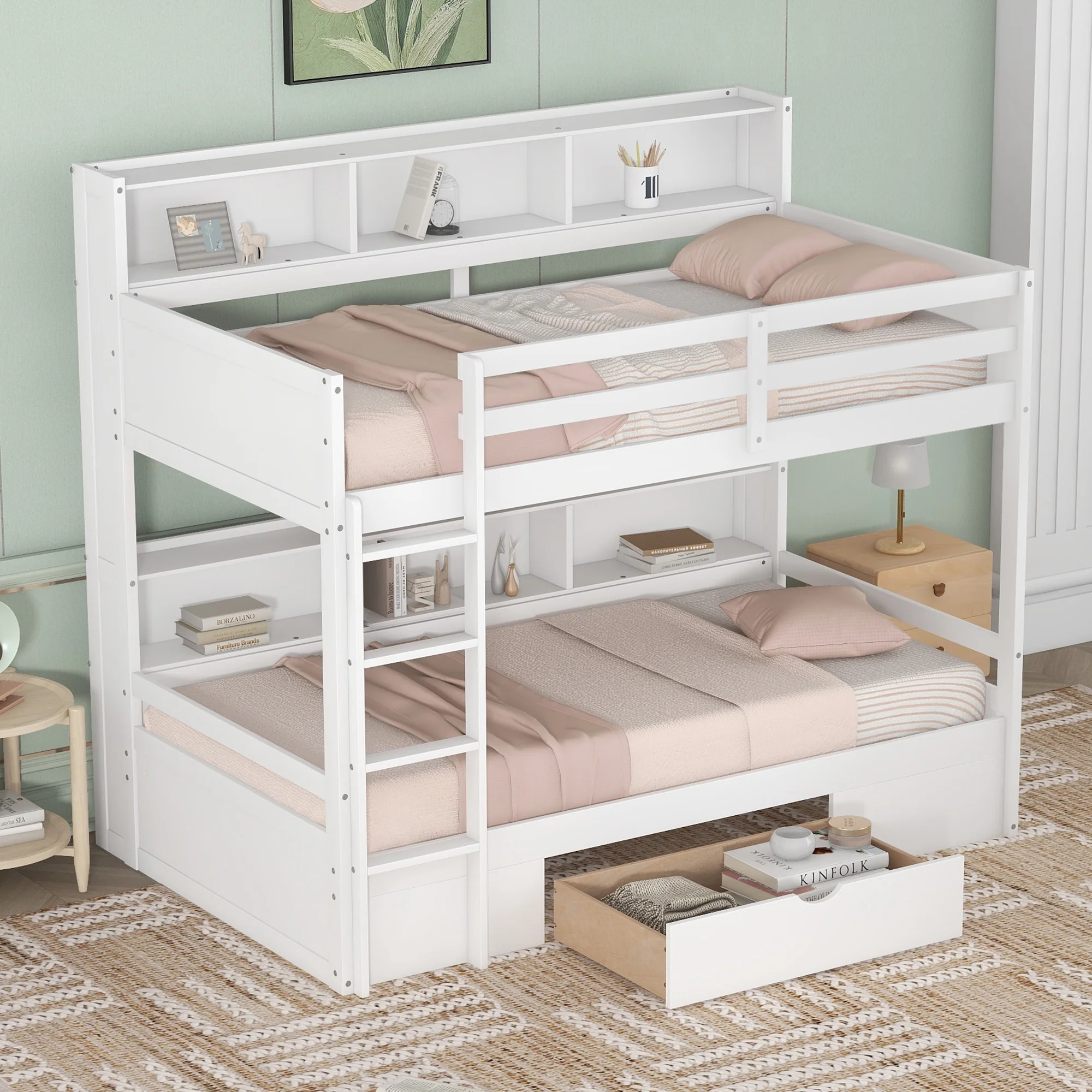 iRerts Twin Over Twin Bunk Bed with Storage Drawer, Wood Twin Bunk Bed with Built-in Shelves Beside Both Upper and Down Bed, Bunk Bed Twin Over Twin for Kids Teens Bedroom, No Box Spring Needed, White