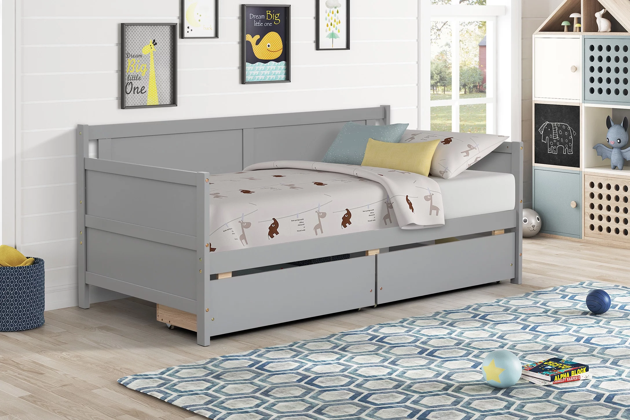 Daybed with two drawers, Twin Size Sofa Bed, Storage Drawers for Bedroom, Living Room, Grey
