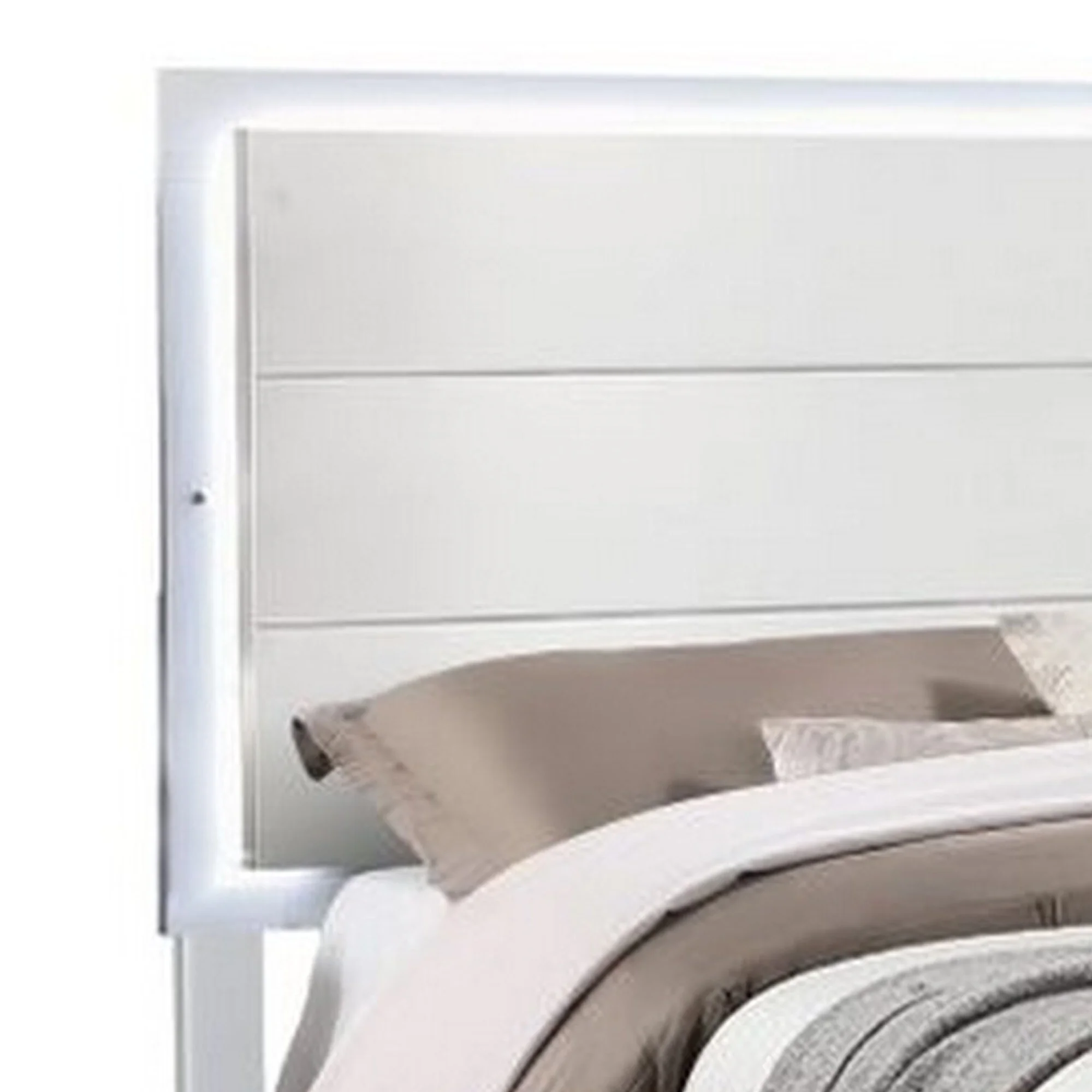 Vin Modern Queen Size Bed, Panel Headboard, LED Light, Crisp White Finish
