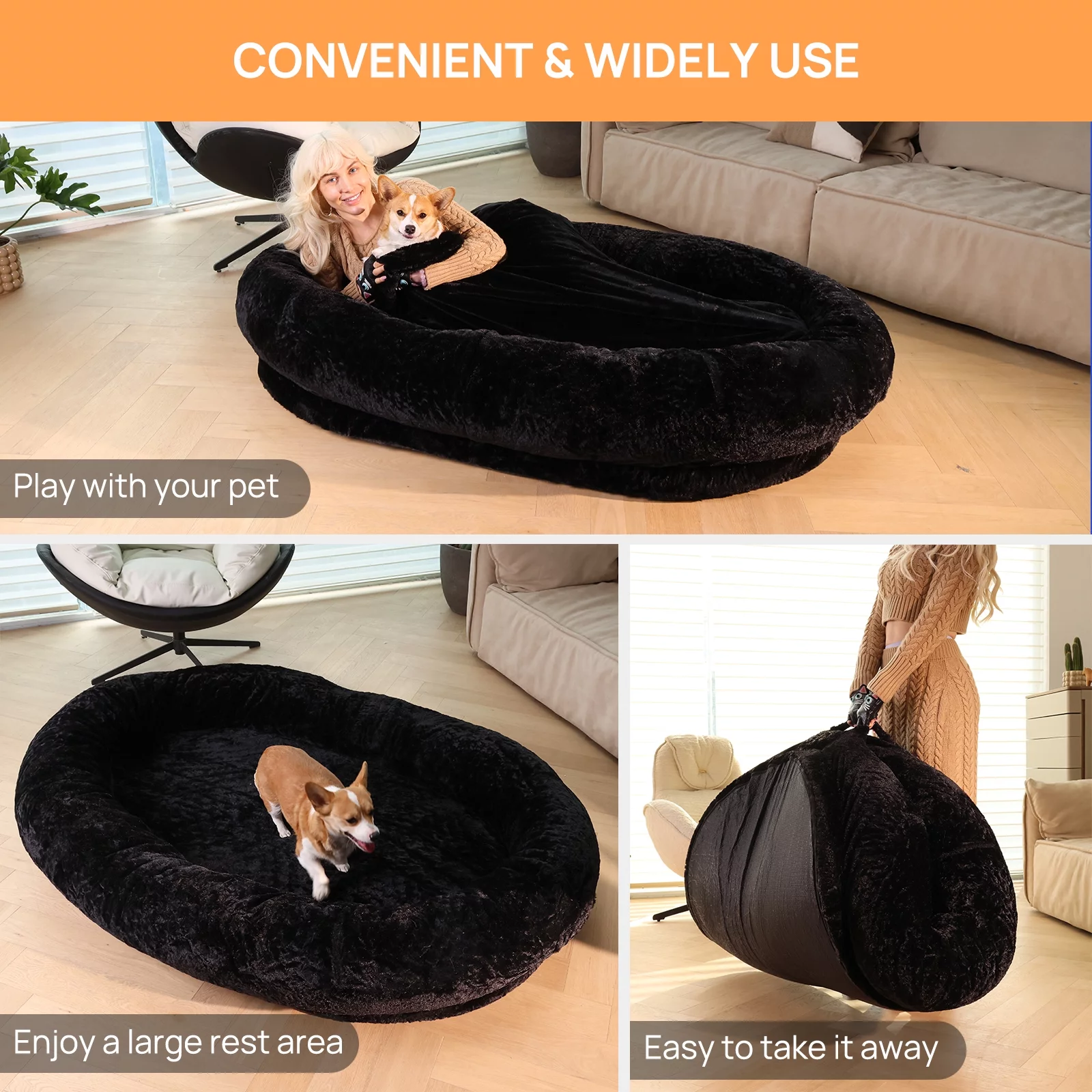 Extra Large Dog Beds, Bean Bed for Adult/Pet, Human & Pet Friendly, Washable Faux Fur Human Dog Bed for People Doze Off