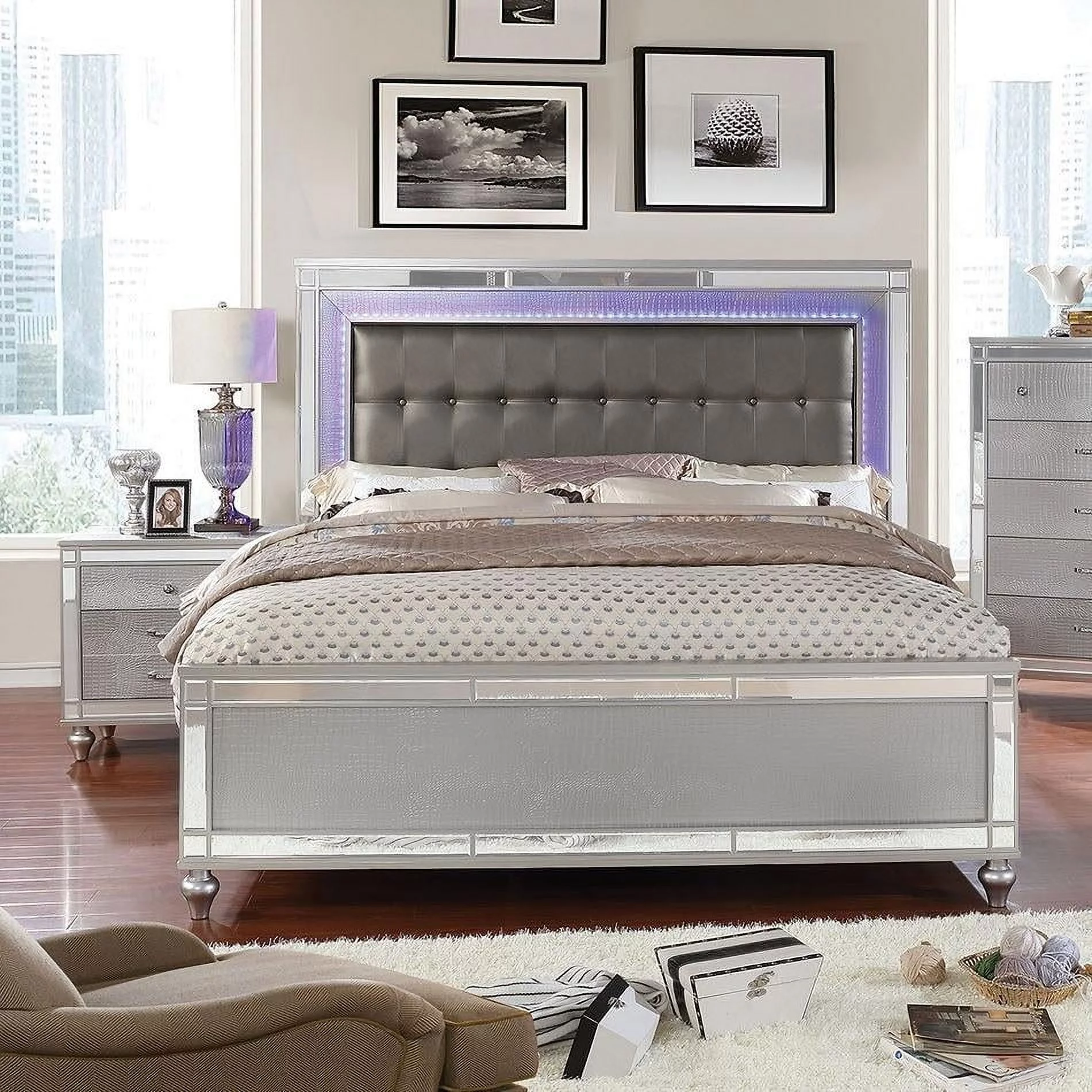Contemporary Silver Solid Wood Queen Bedroom Set 3pcs FOA CM7977SV Brachium