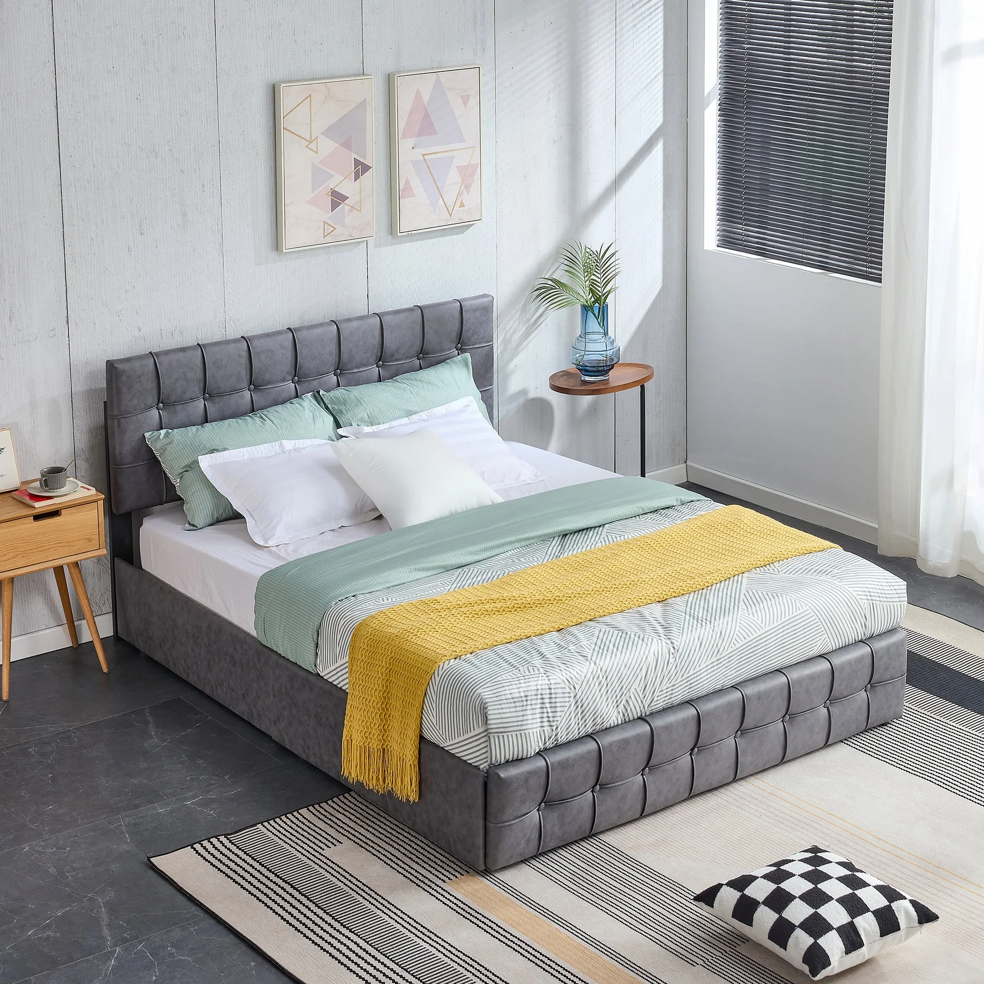 CoSoTower Queen Size Grey Tech Cloth Button Embedded Adjustable Headboard Height Upholstered Platform Bed Frame with 4 Storage Drawers