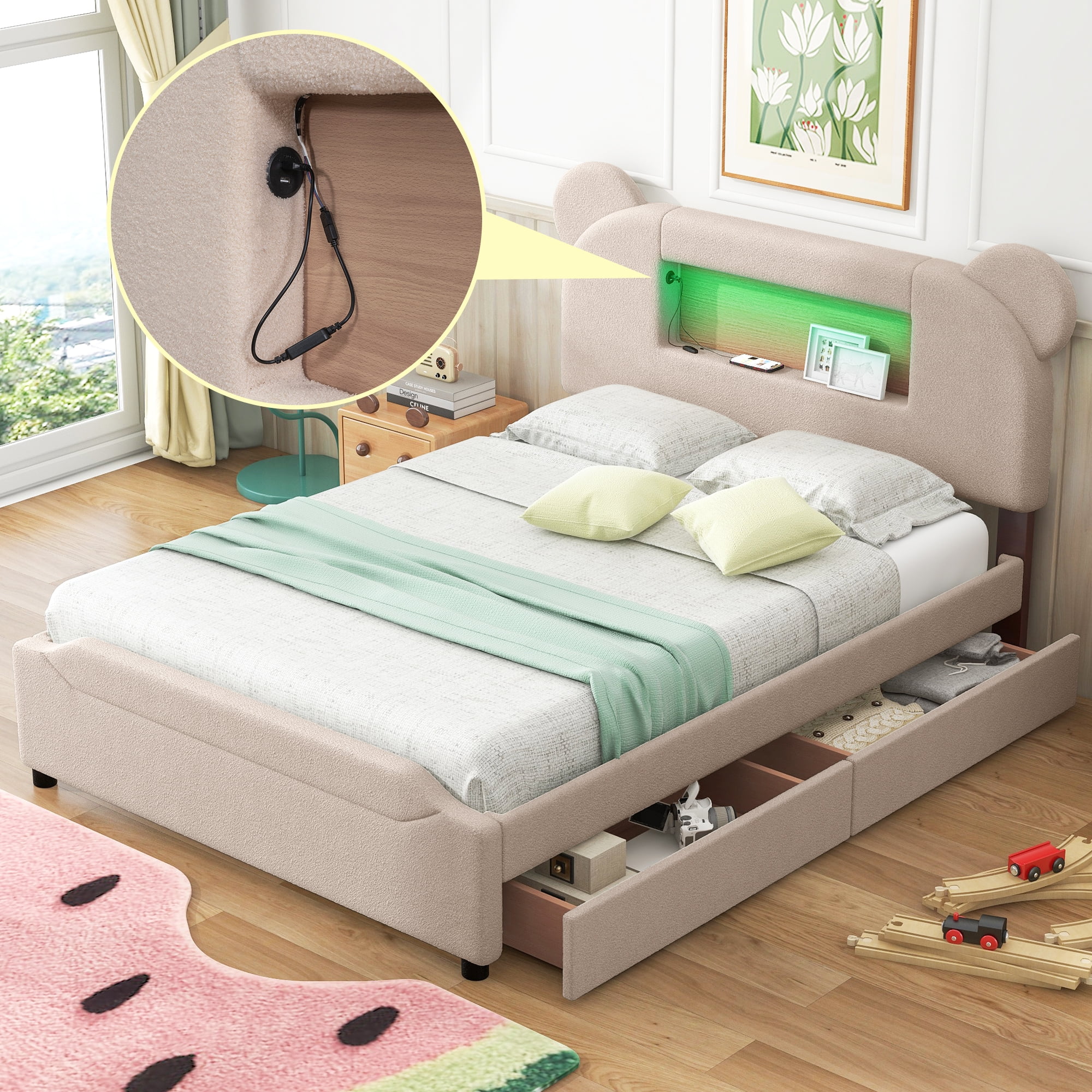 Full Size Upholstered Storage Platform Bed with cartoon Ears Shaped Headboard, LED and USB, Beige