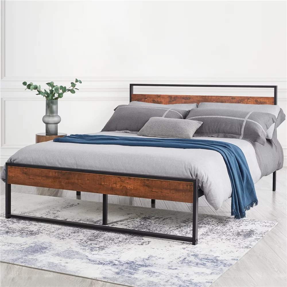 Yaheetech Rustic Metal Platform Bed with Wooden Headboard and Footboard, Queen Size, Mahogany