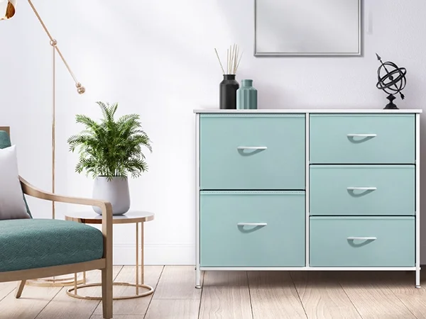 Sorbus Kids Dresser: 5-Drawer Storage Chest, Steel Frame, Wood Top, Fabric Bins (Aqua)