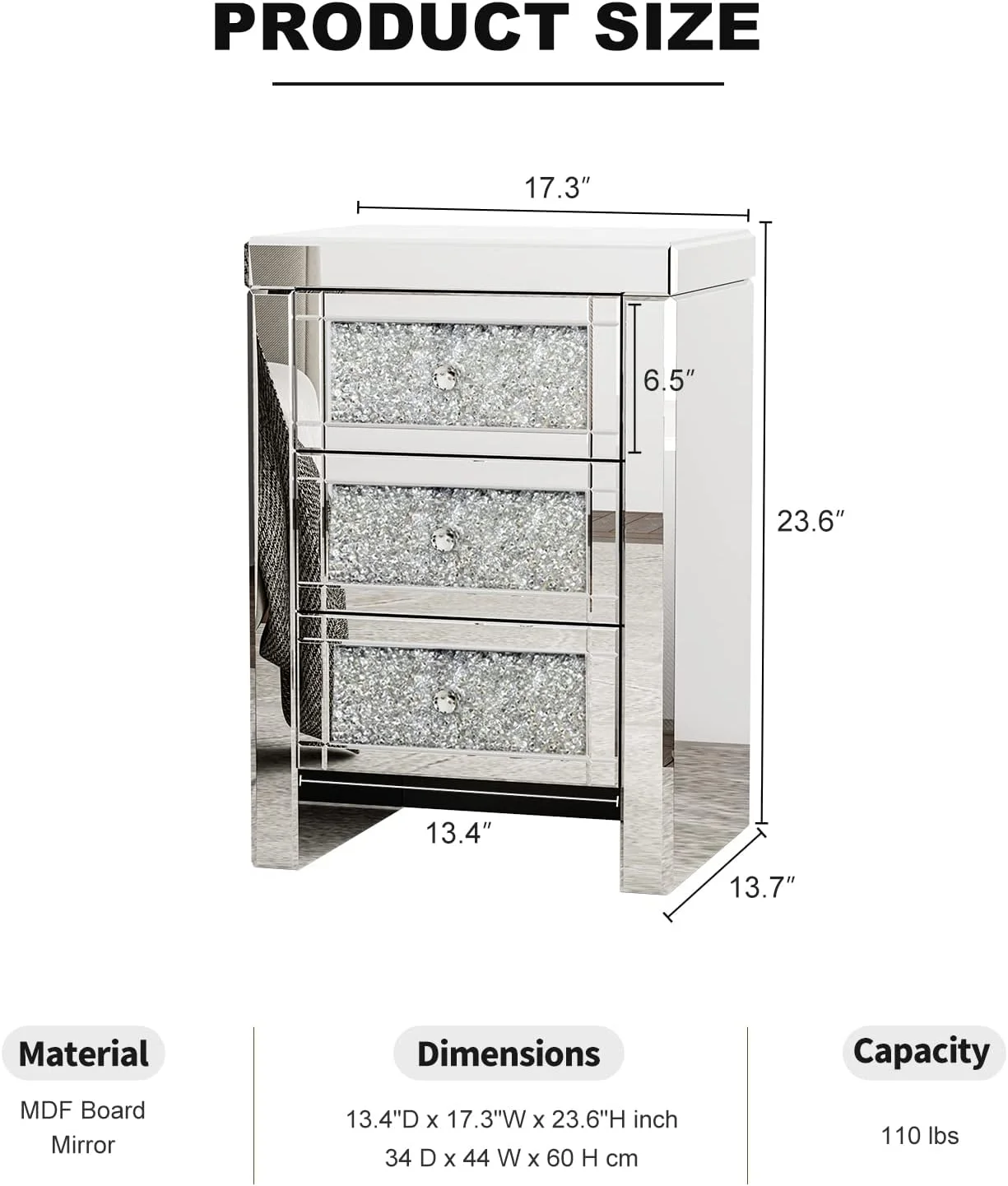 IKIFLY Mirrored End Table Set of 2, Mirror Crystal Accent Side Table w/3 Drawers, Finished Nightstand for Living Room/Bedroom (2pc, Silver&Crystal)