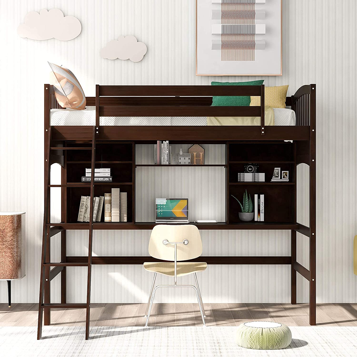 Wood Loft Bed With Desk And Shelves, Solid Wood Loft Bed Frame With Storage For Kids Teens Adults, Espresso