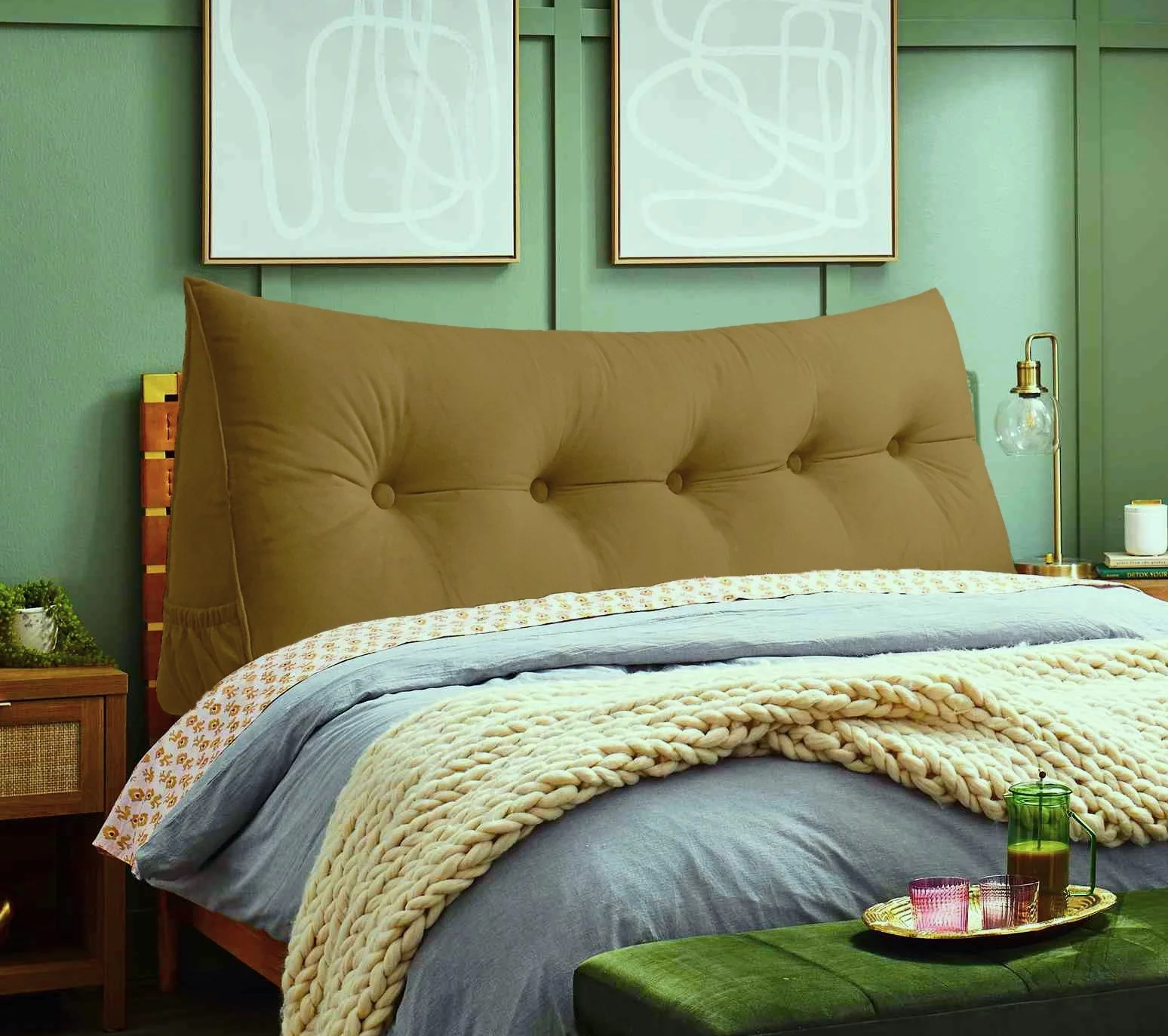 PEACHWELL Triangular Reading Bed Rest Pillow Large Bolster Cushion Headboard Backrest Wedge Pillow with Removable Cover and Two Large Side Pockets Golden Brown Queen 59 inches