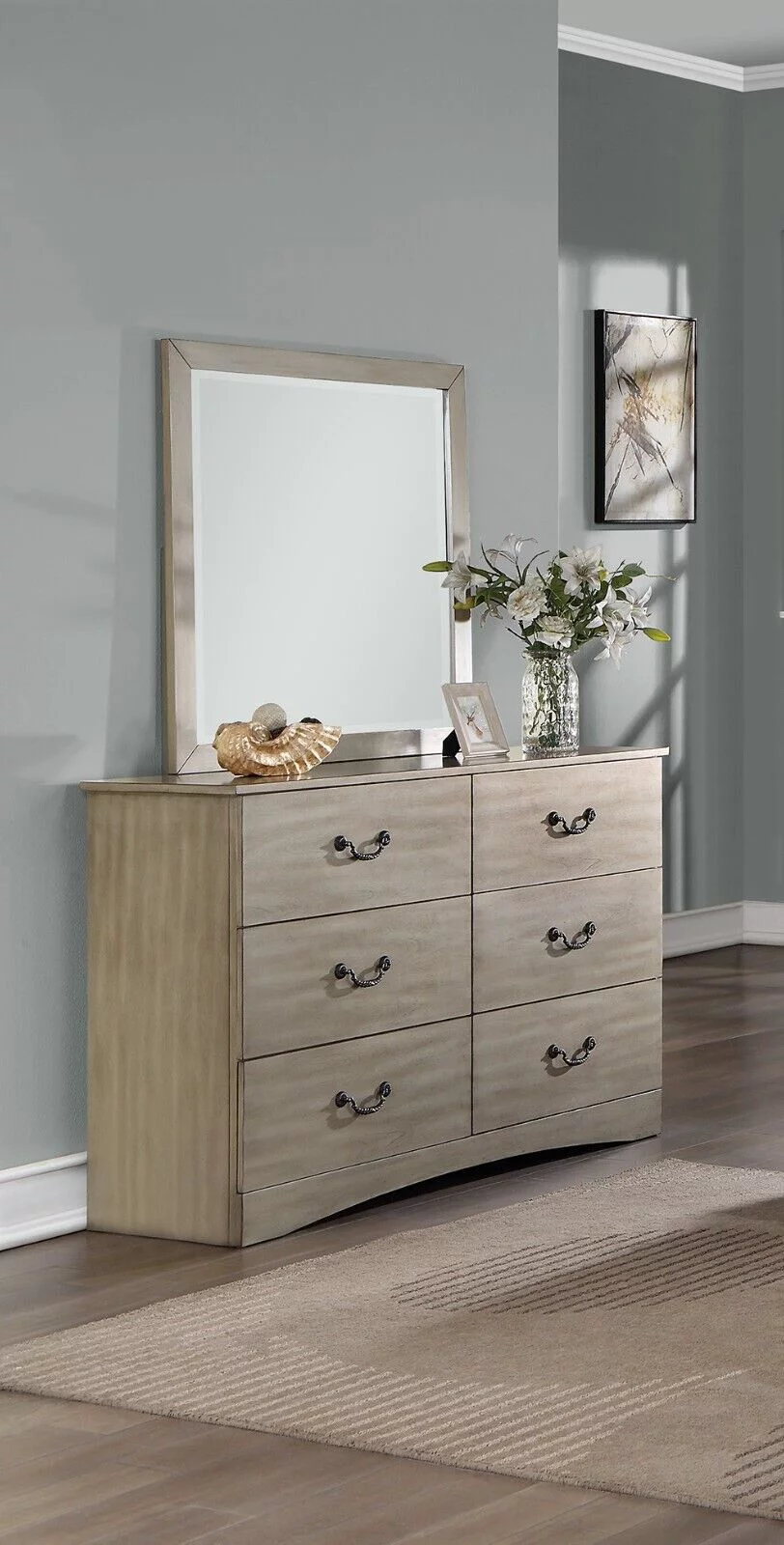 Modern Gorgeous 4pc Eastern King Size Bed w Underbed Drawer Dresser Mirror Nightstand Bedroom Furniture Light Tan Hue Finish